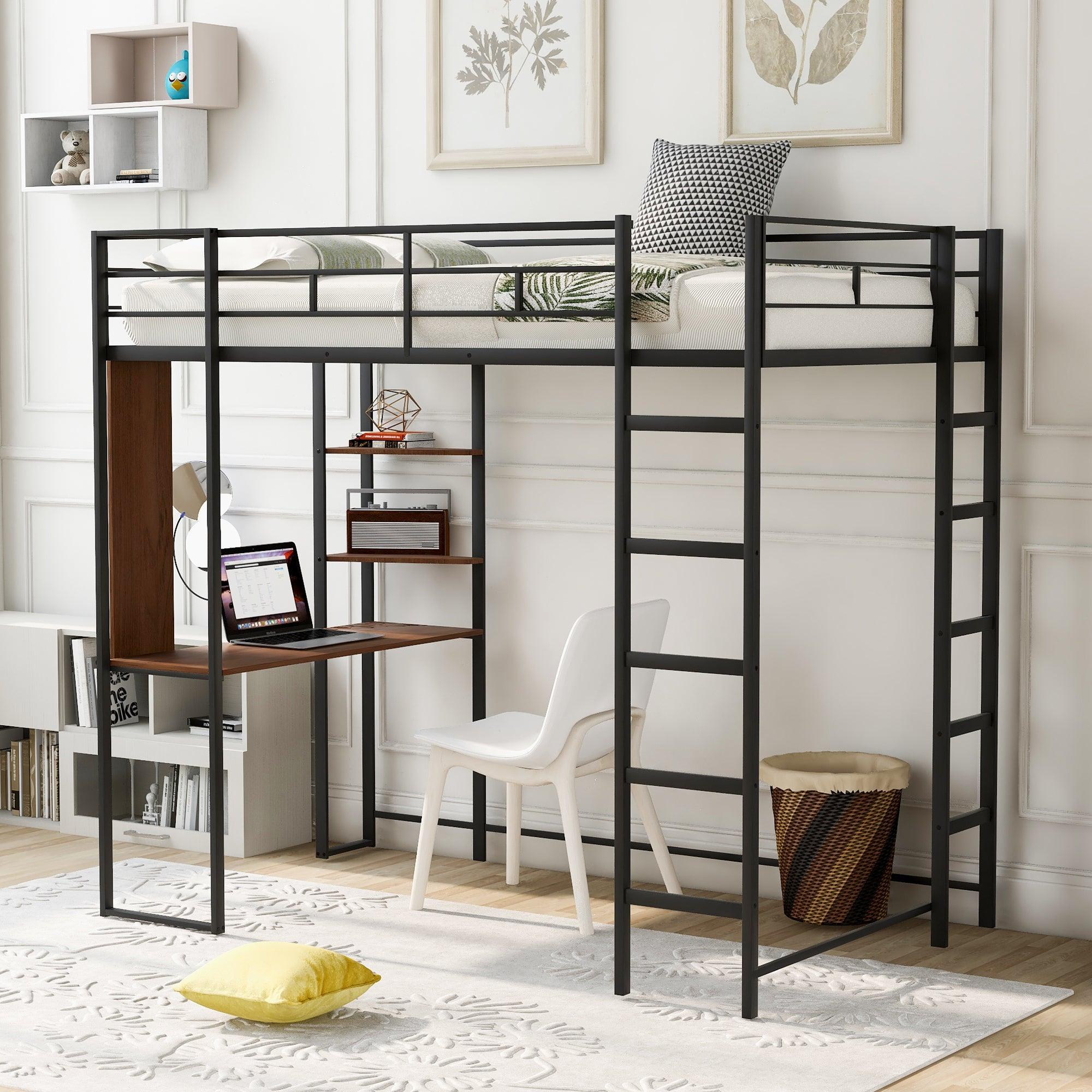 Twin Metal Loft Bed with 2 Shelves and one Desk
