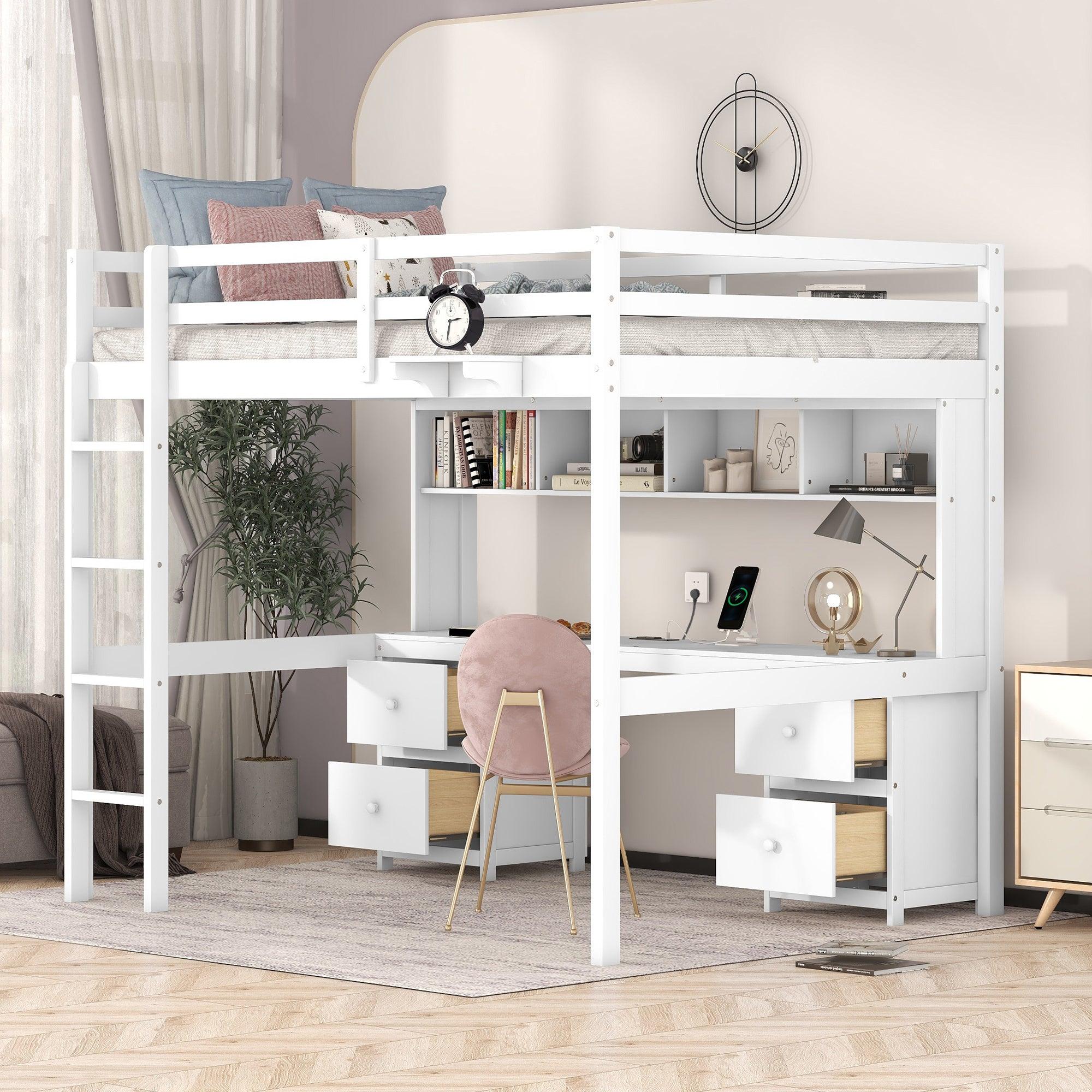 Full Size Loft Bed with Desk, Cabinets, Drawers