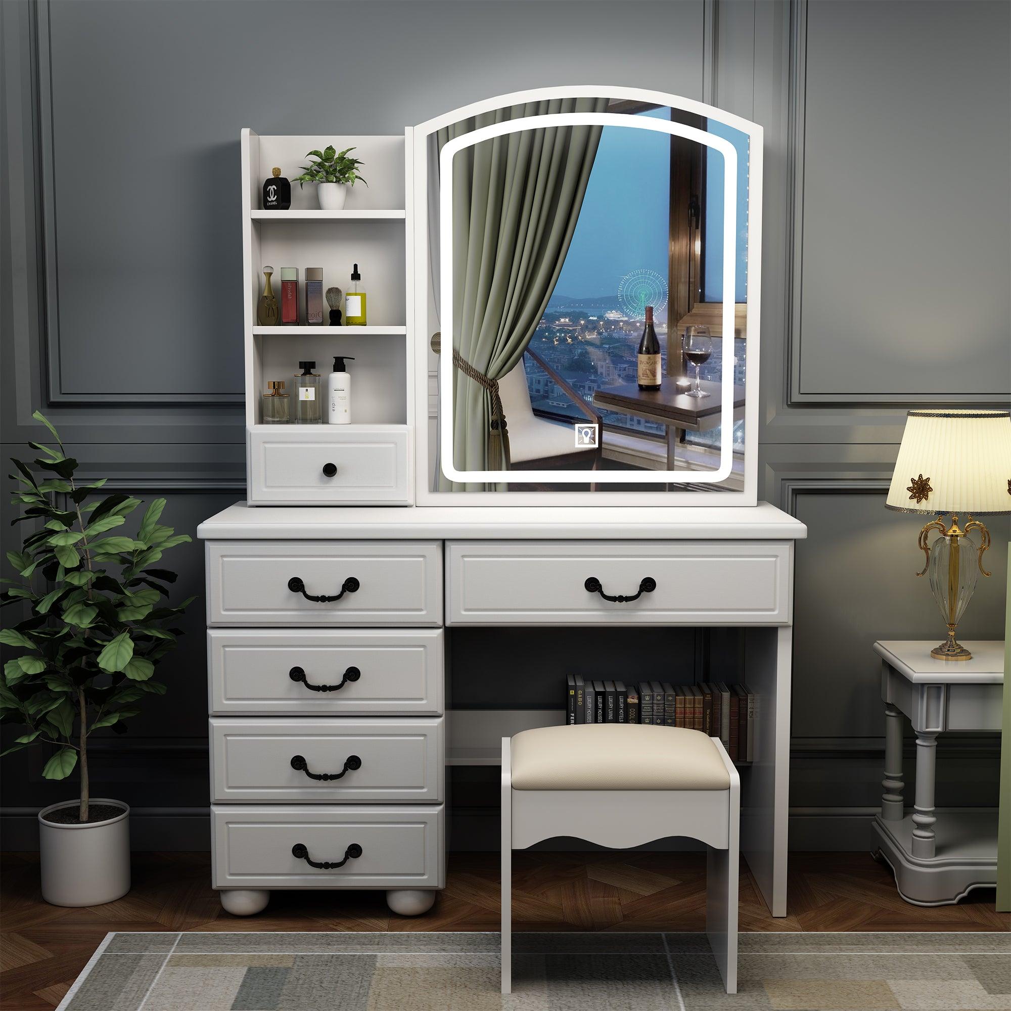 Vanity Desk with Mirror & Lights, 6 Drawers, Adjustable Brightness (White)