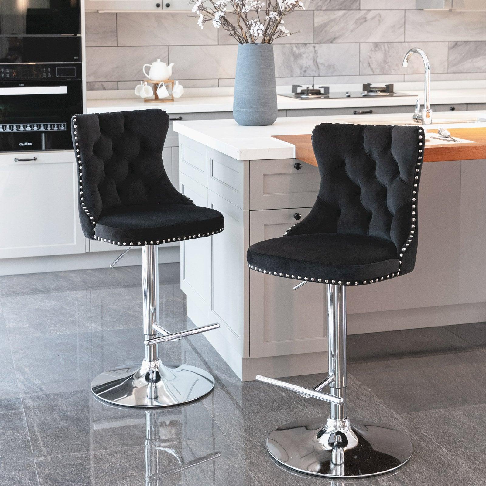 A&A Furniture Swivel Velvet Barstools – Adjustable, Tufted, Set of 2 (Black)