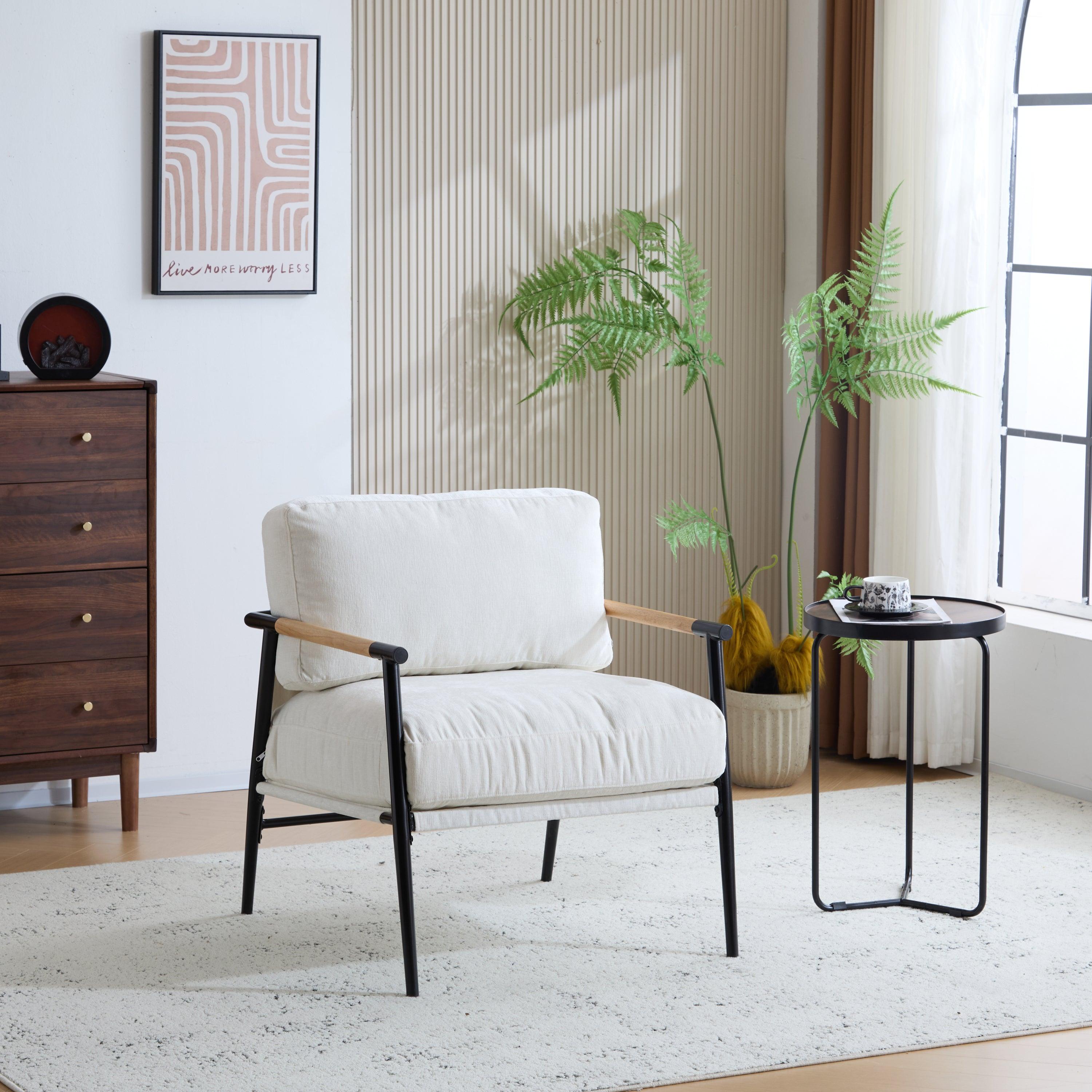 Modern Accent Chair with Plush Cushions & Wooden Armrests