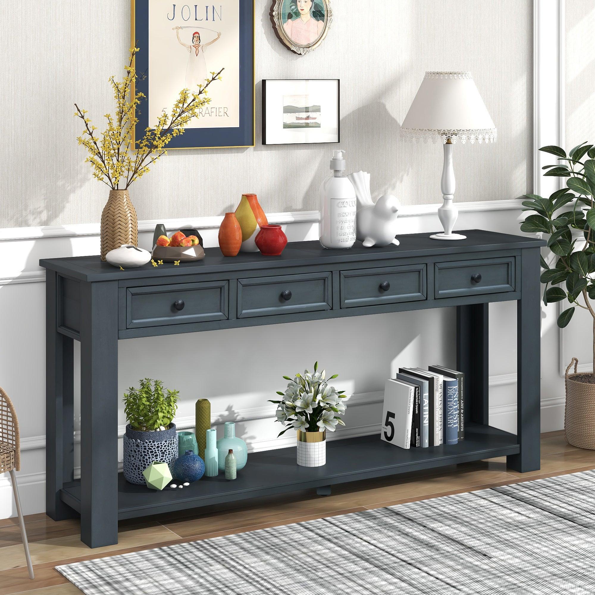 Trexm Navy Console Table with Drawers & Shelf