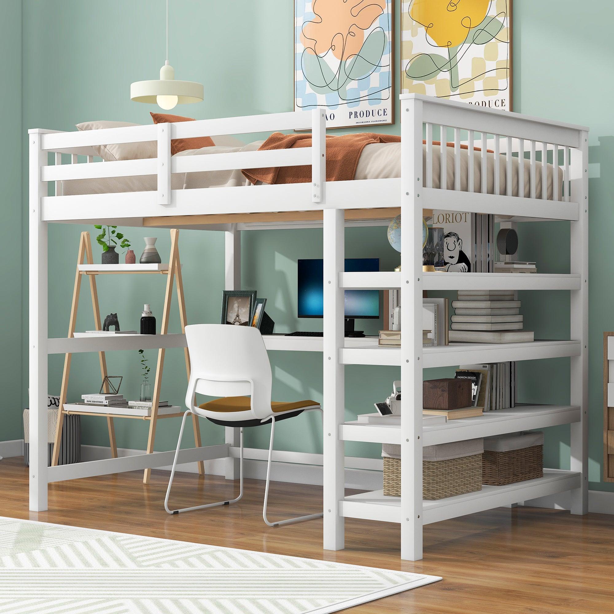 Full Size Loft Bed with Storage Shelves, Under-bed Desk