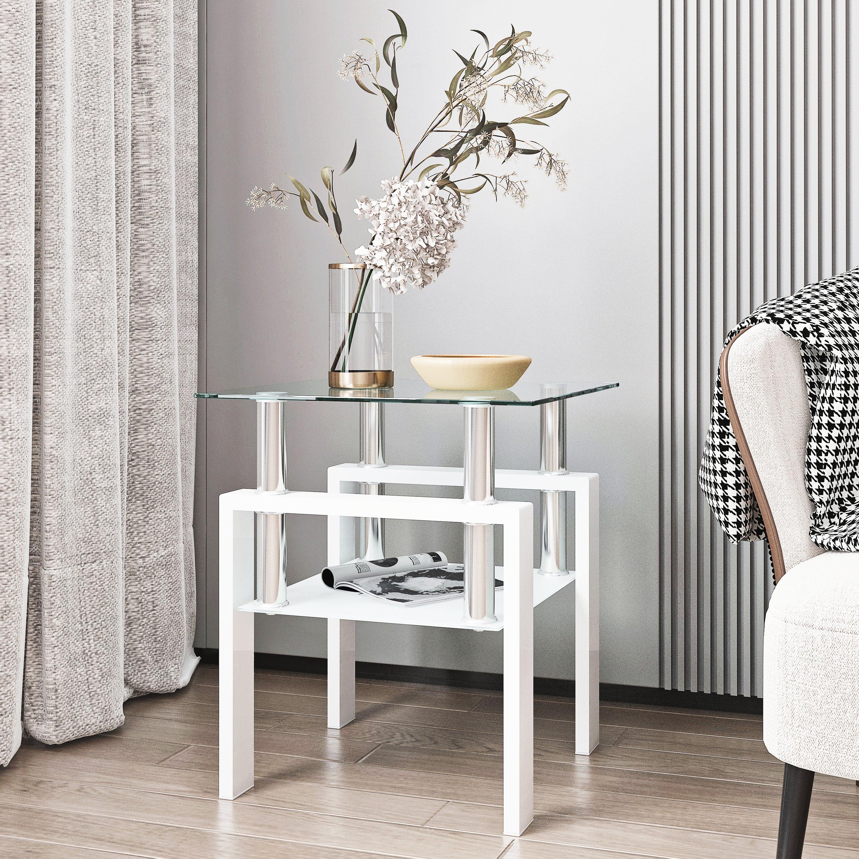 Modern Square Tempered Glass Table, Transparent/White