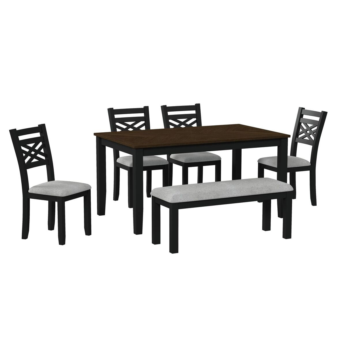 BROOKS 6PC DINING SET WITH TABLE; 4 WOOD BACK AND UPH SEAT CHAIRS; AND BENCH IN MEDIUM BROWN AND BLACK