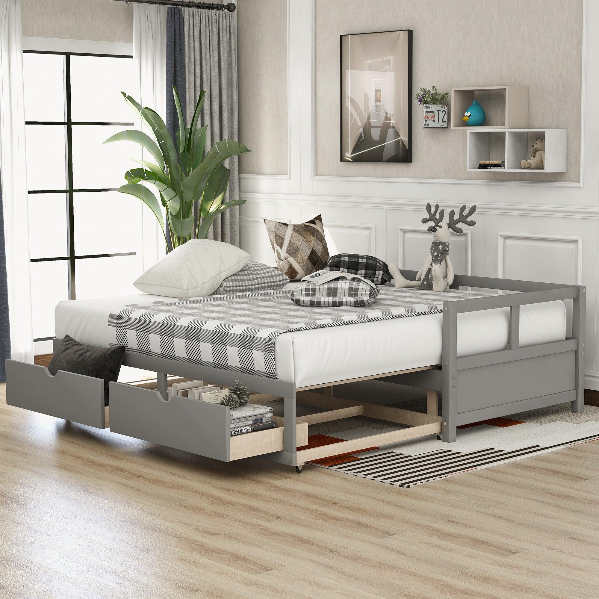 Wooden Daybed with Trundle Bed and Two Storage Drawers
