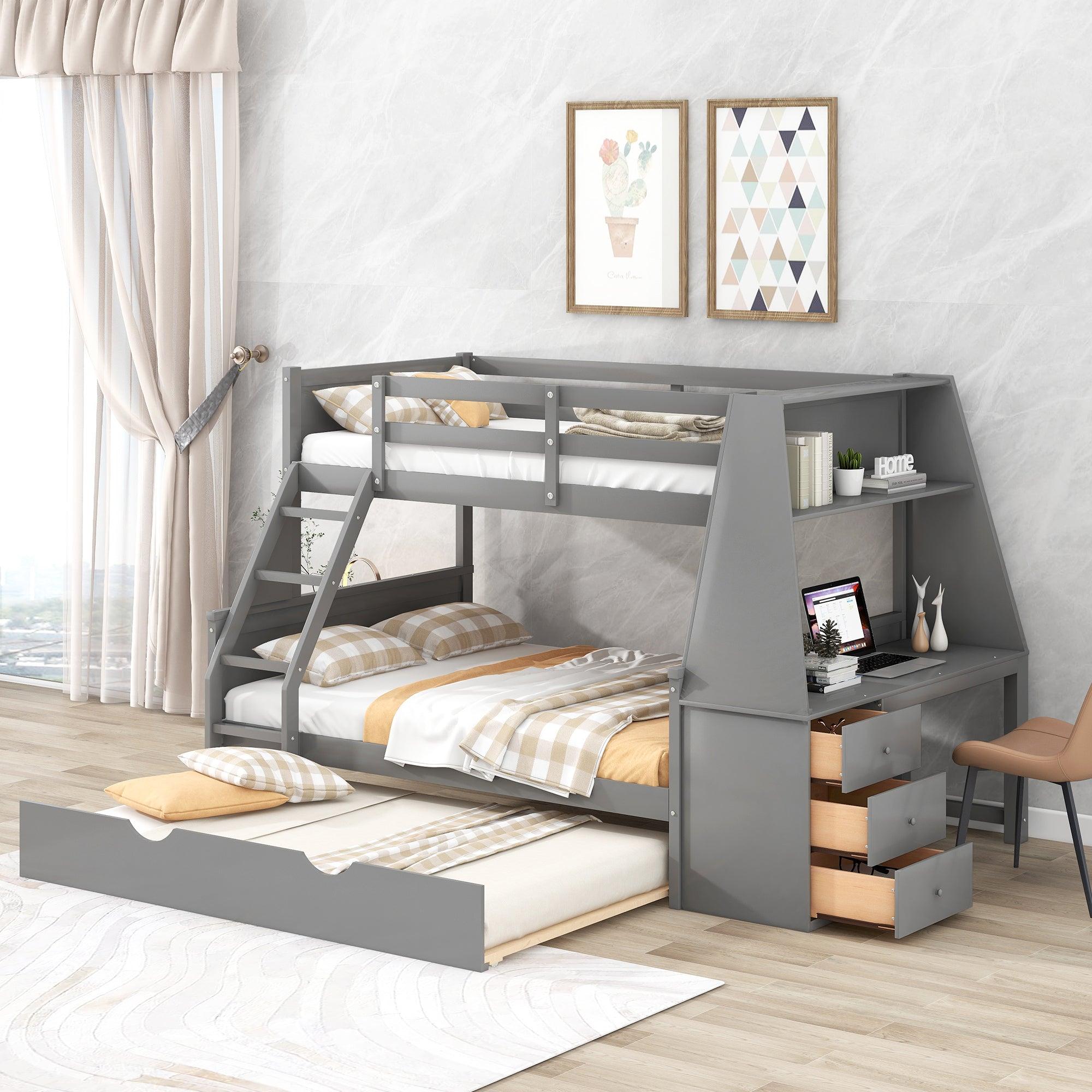 Twin/Full Bunk Bed with Trundle, Built-in Desk