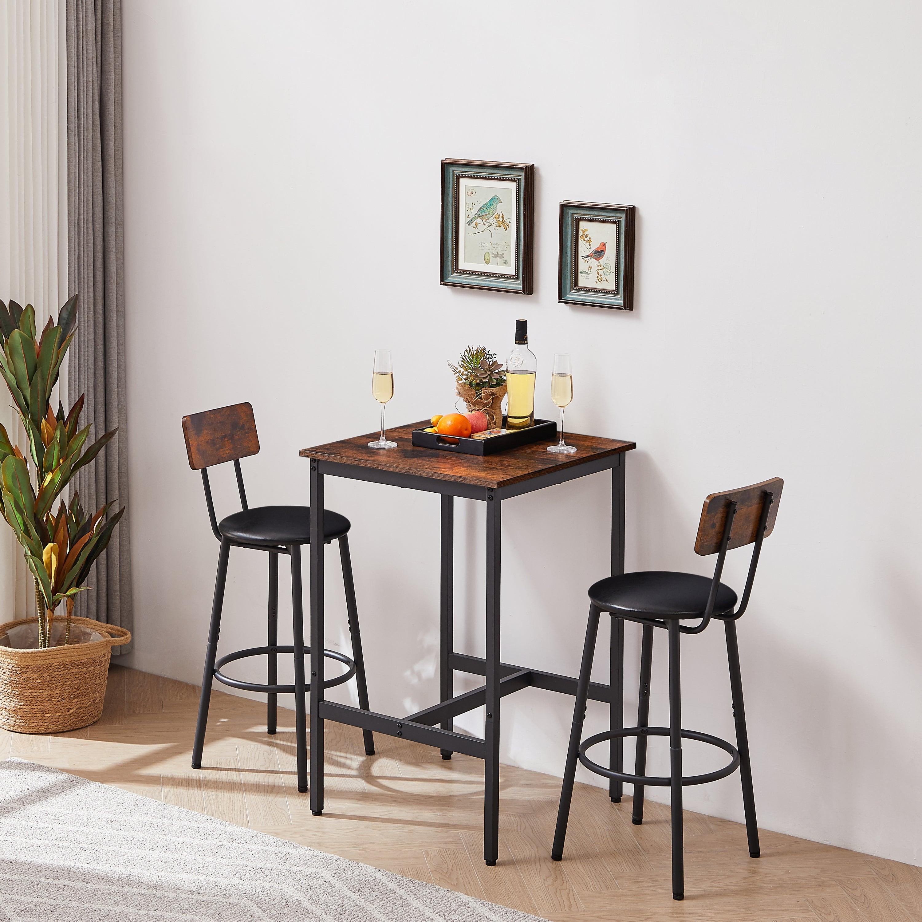 Bar Table Set with 2 Stools, PU Soft Seat, Rustic Brown (35.43"H)