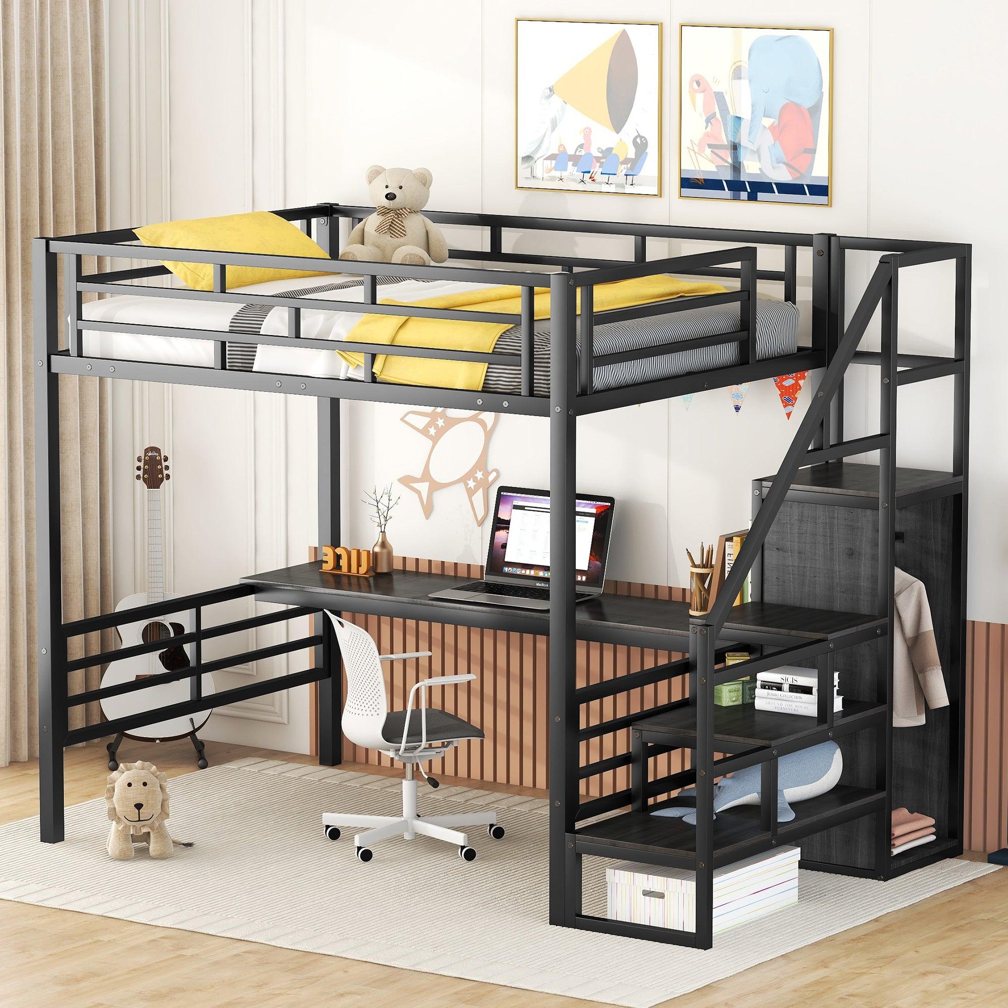 Full Size Loft Bed with Desk, Storage Staircase