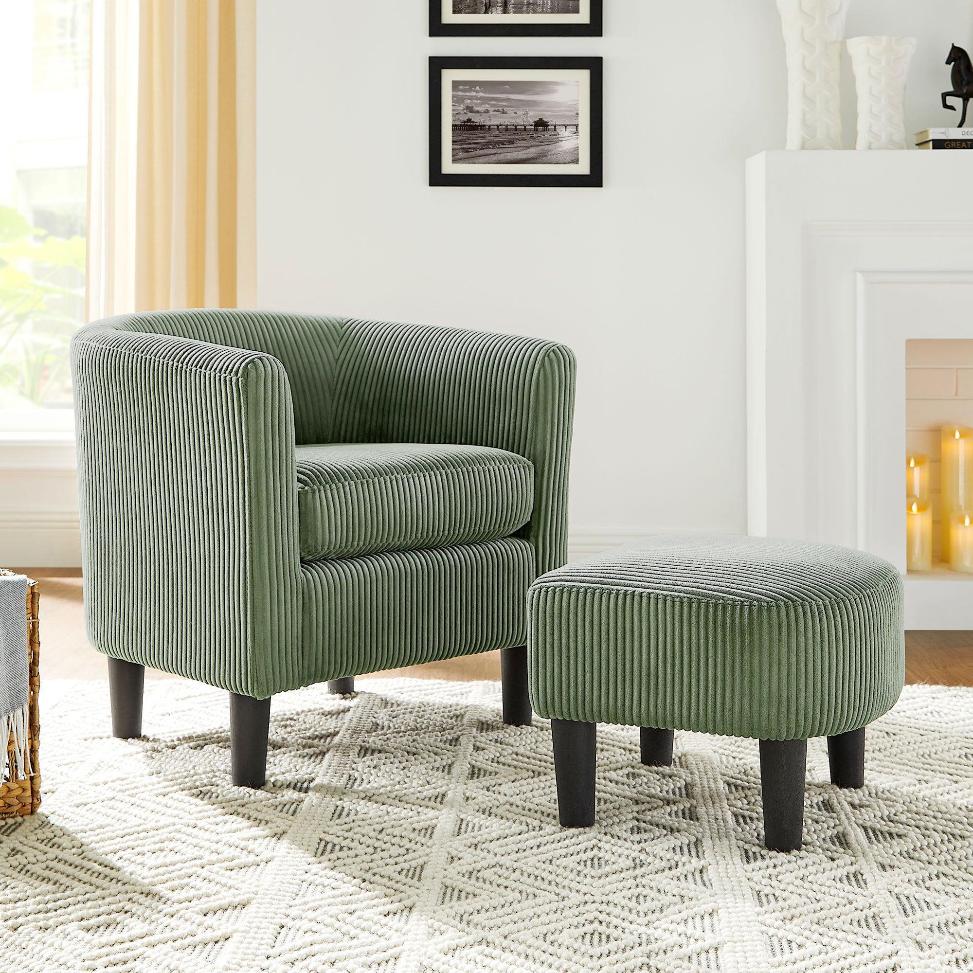 Modern Corduroy Accent Chair with Ottoman (Green)