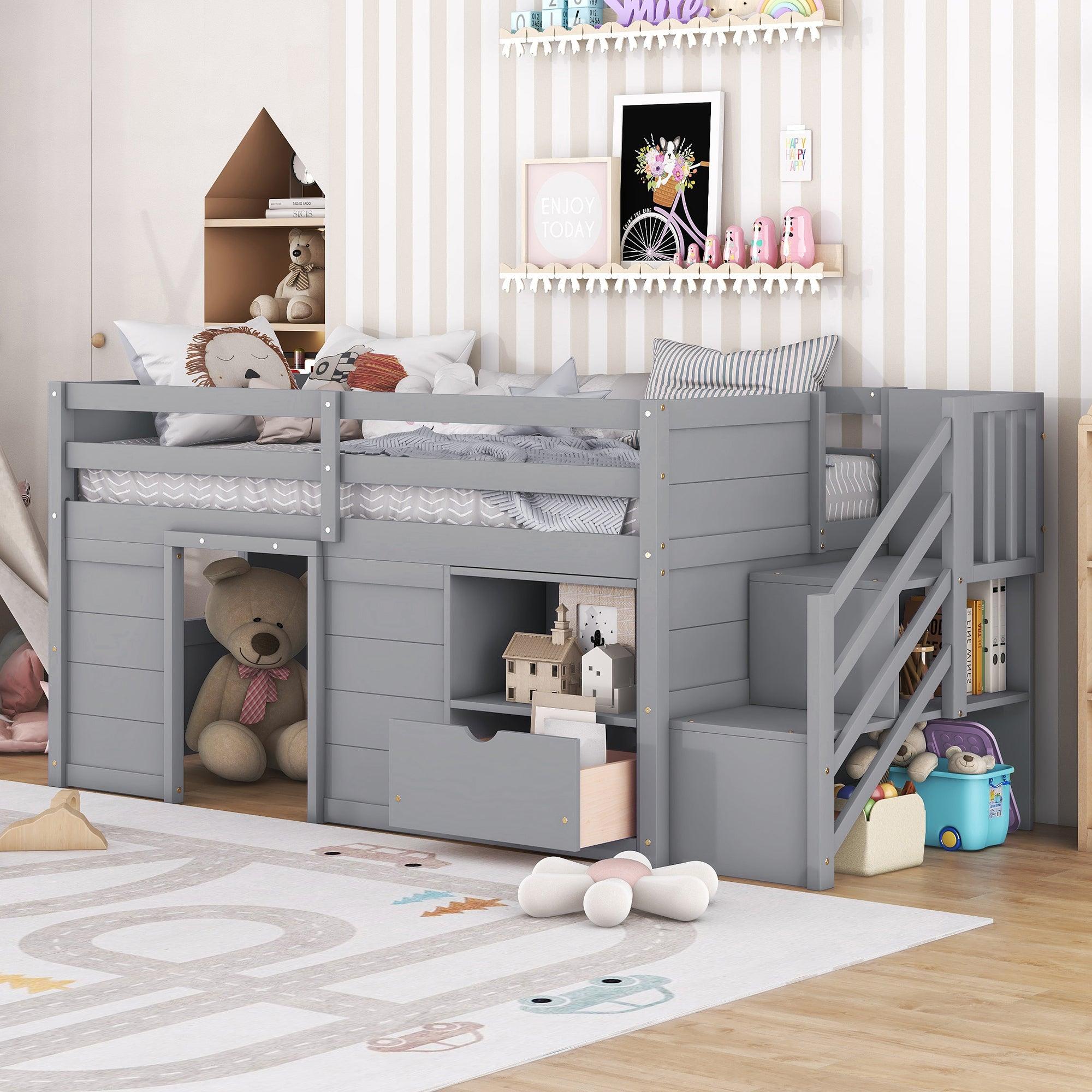 Twin Bed, Solid Wood Low Loft Bed With Stair, Drawer, and Shelf