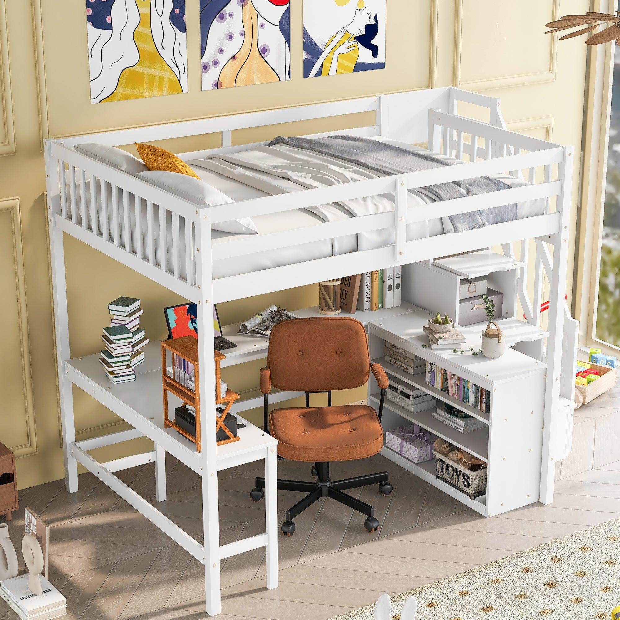 Full Size Loft Bed with Built-in L-Shaped Desk