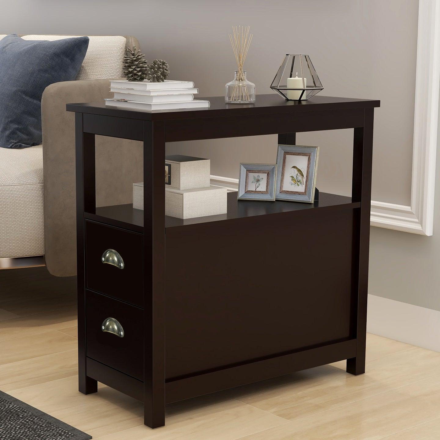 Narrow End Table with 2 Drawers & Open Shelf (Brown)