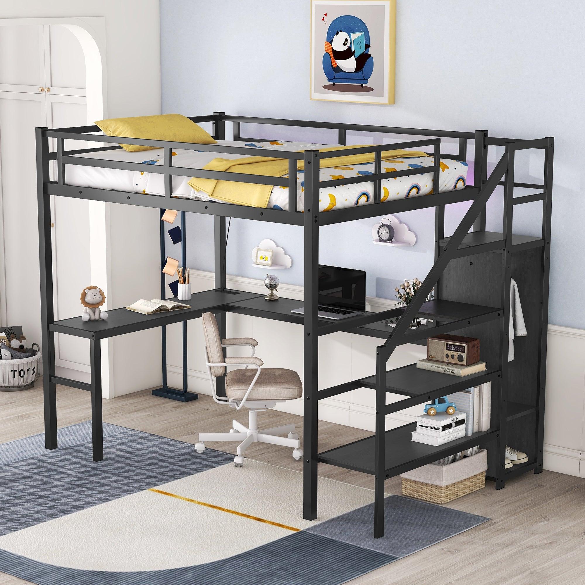 Full Size Loft Bed with L-shaped Desk