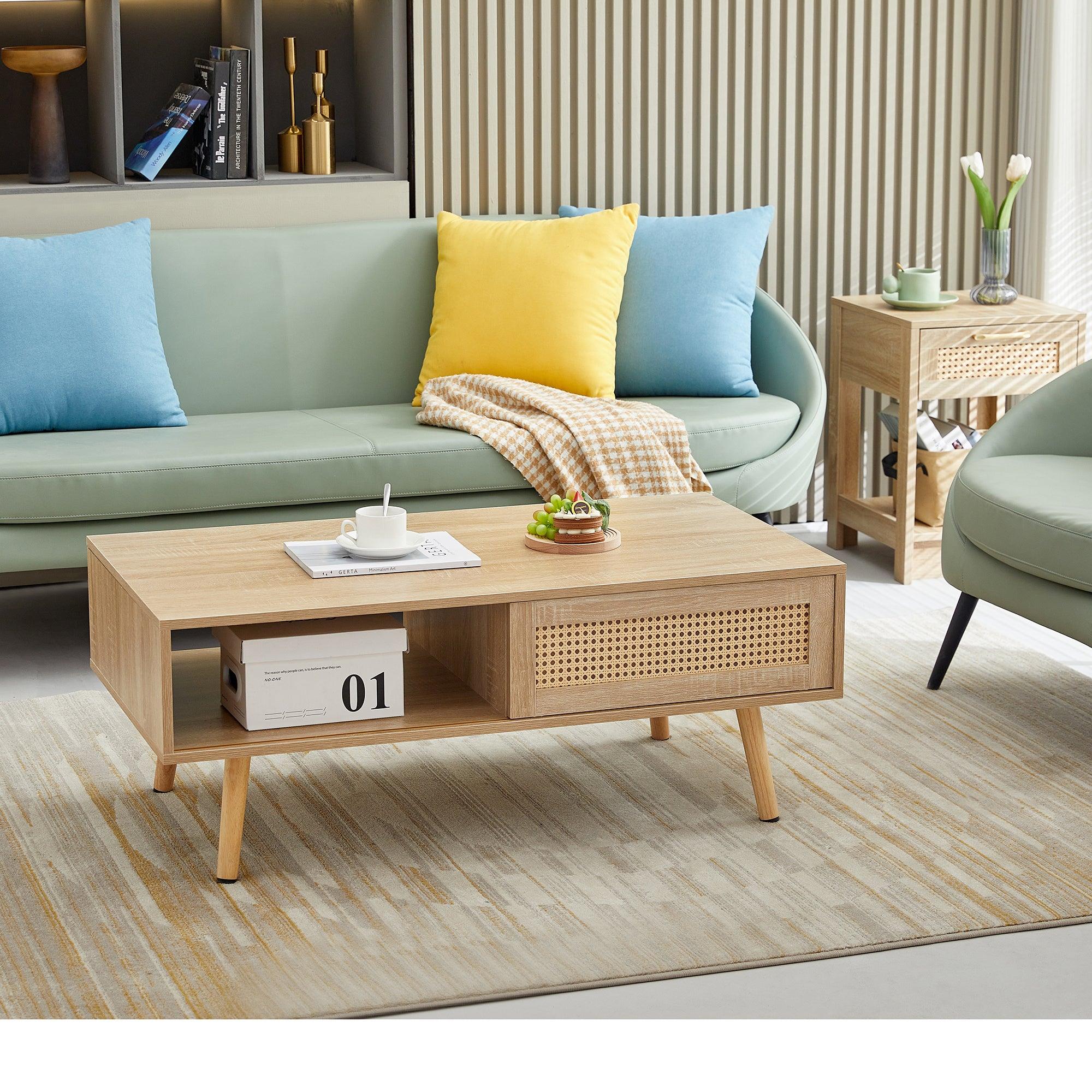 Rattan Coffee Table with Sliding Door & Wood Legs