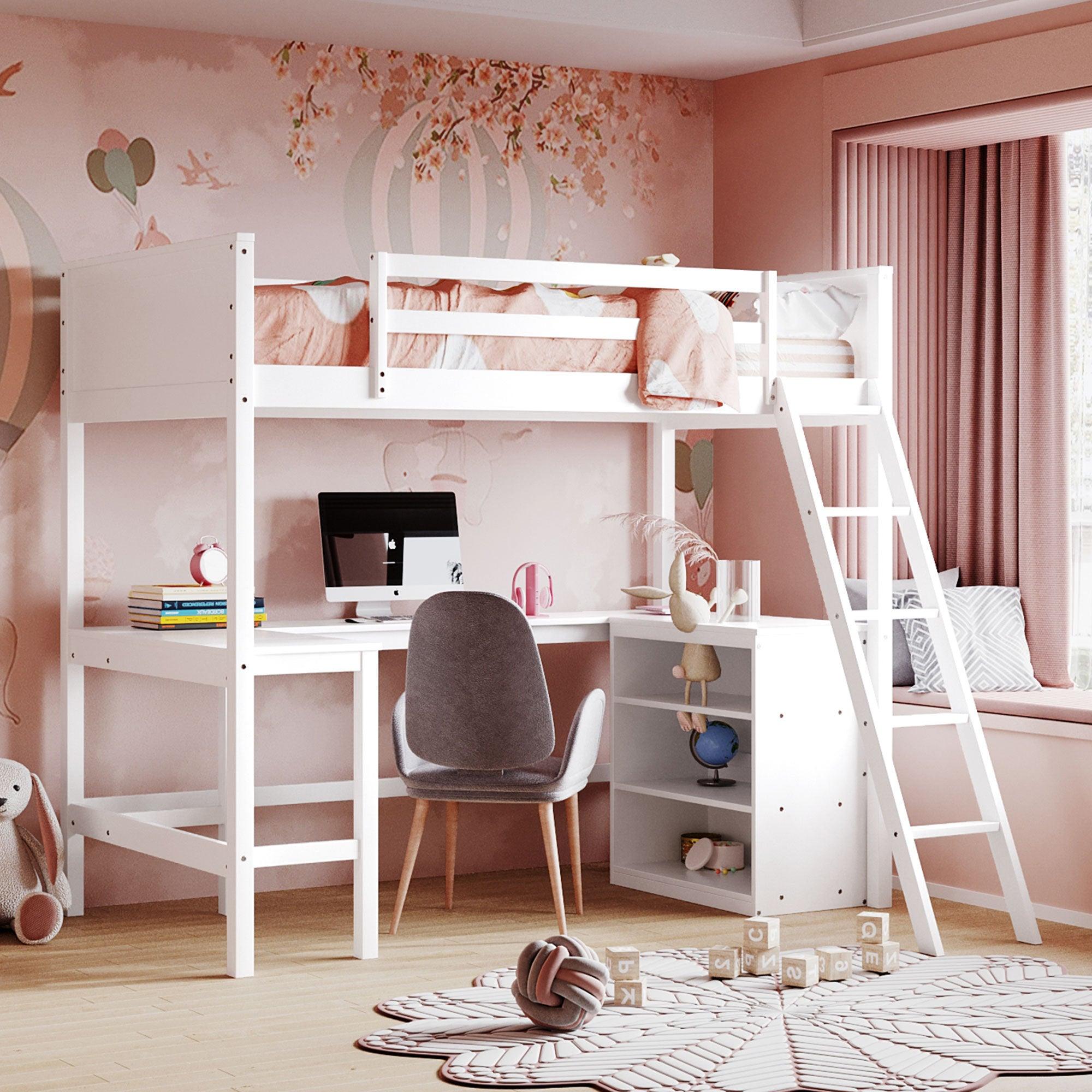 White Twin Size Loft Bed with Desk