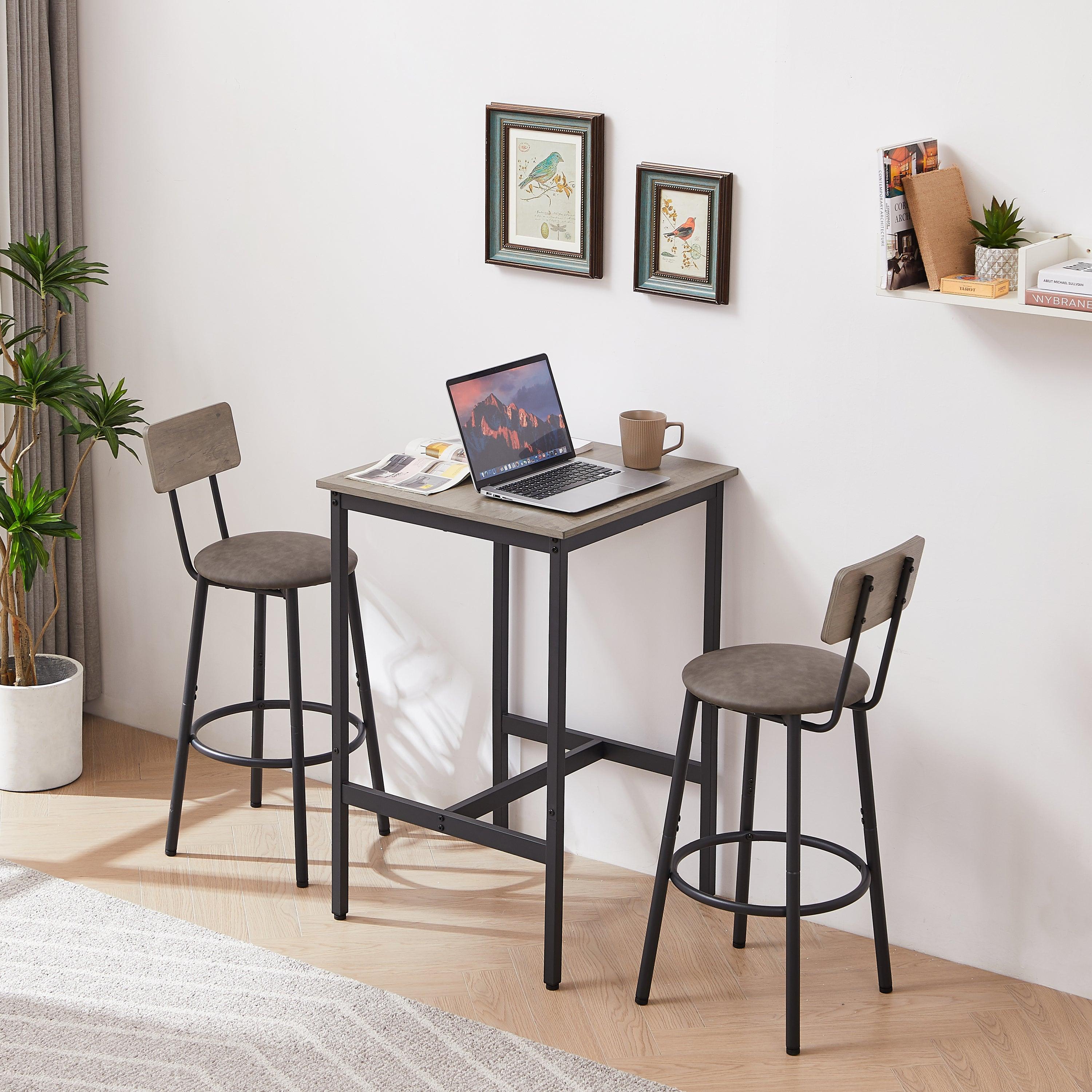 Bar Table Set with 2 Stools, PU Soft Seat, Grey