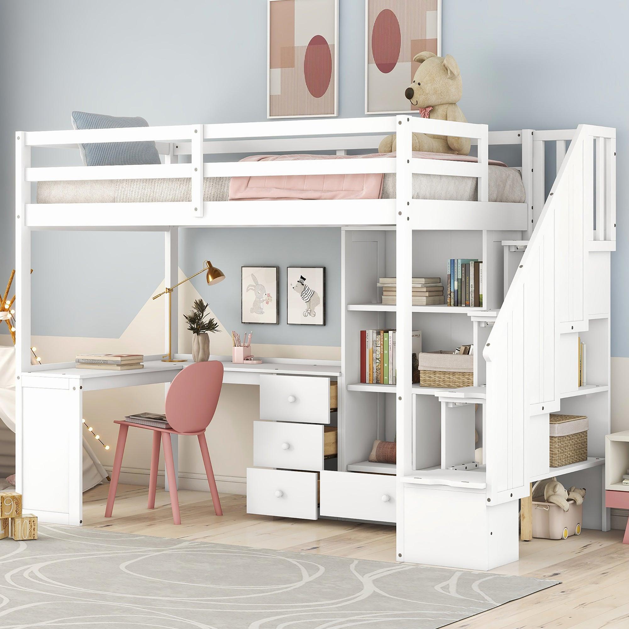 Twin Size Loft Bed with L-Shaped Desk