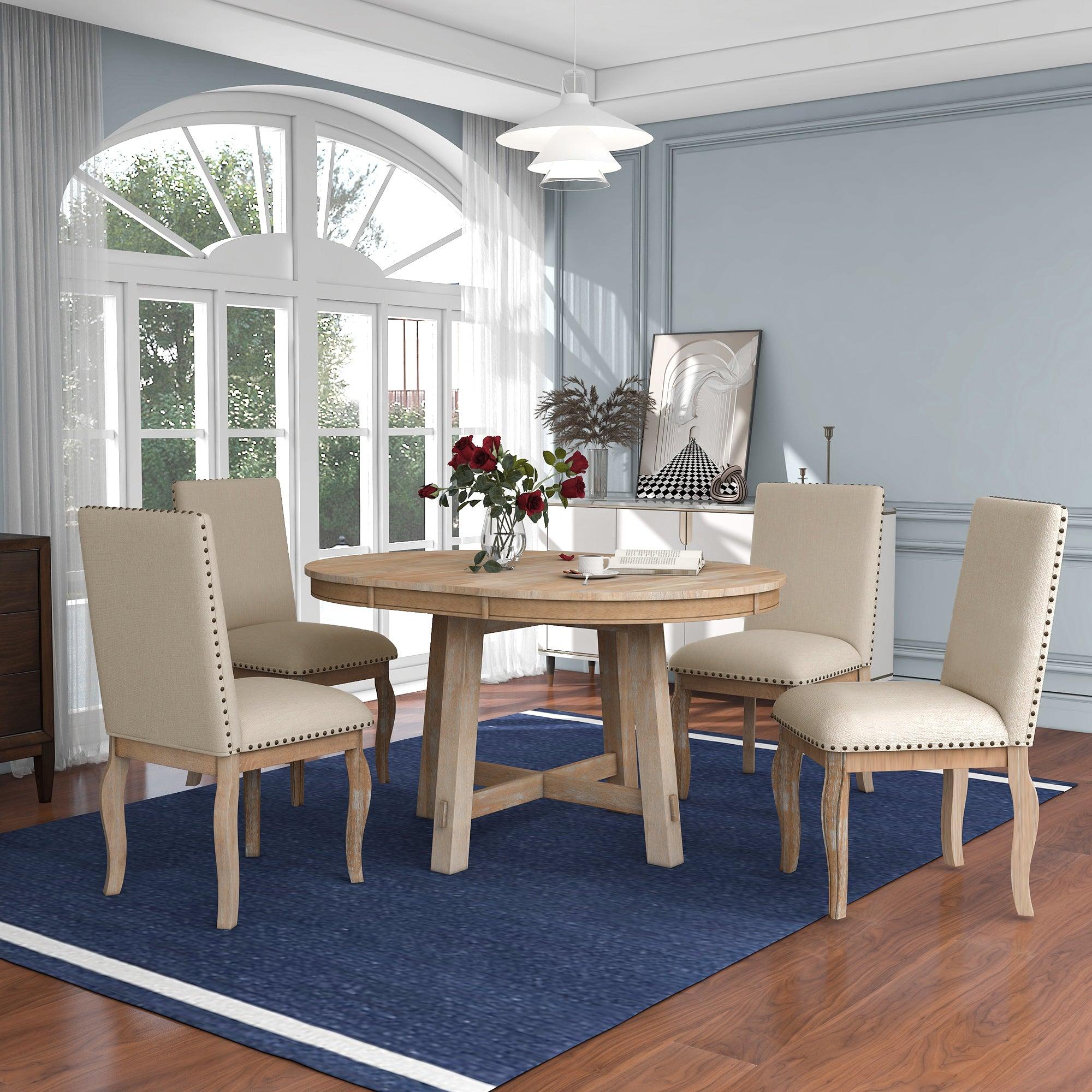 Trexm 5-Piece Extendable Farmhouse Dining Set – Natural Wood