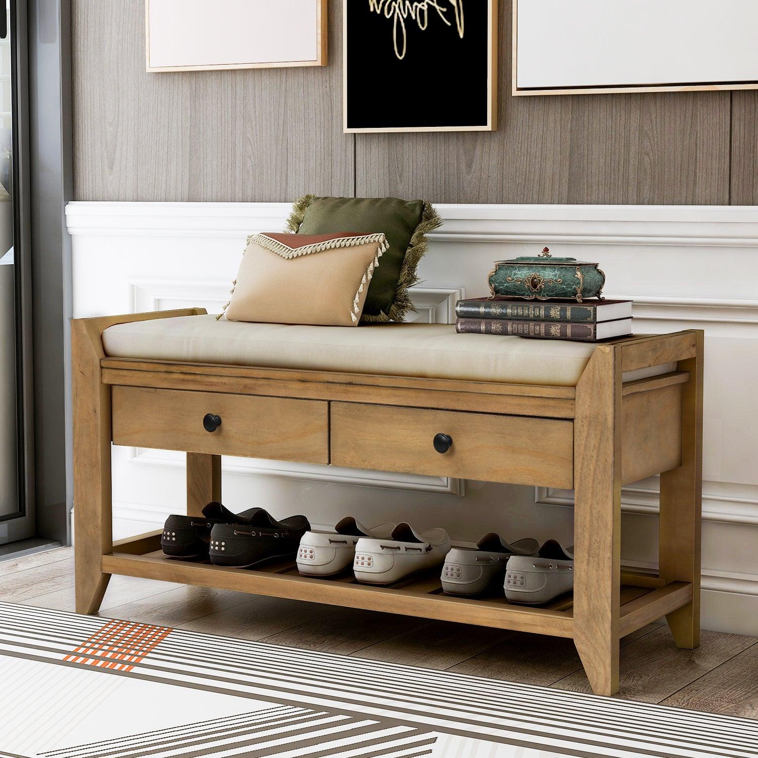 Trexm Entryway Shoe Rack Bench with Cushion & Drawers – Old Pine