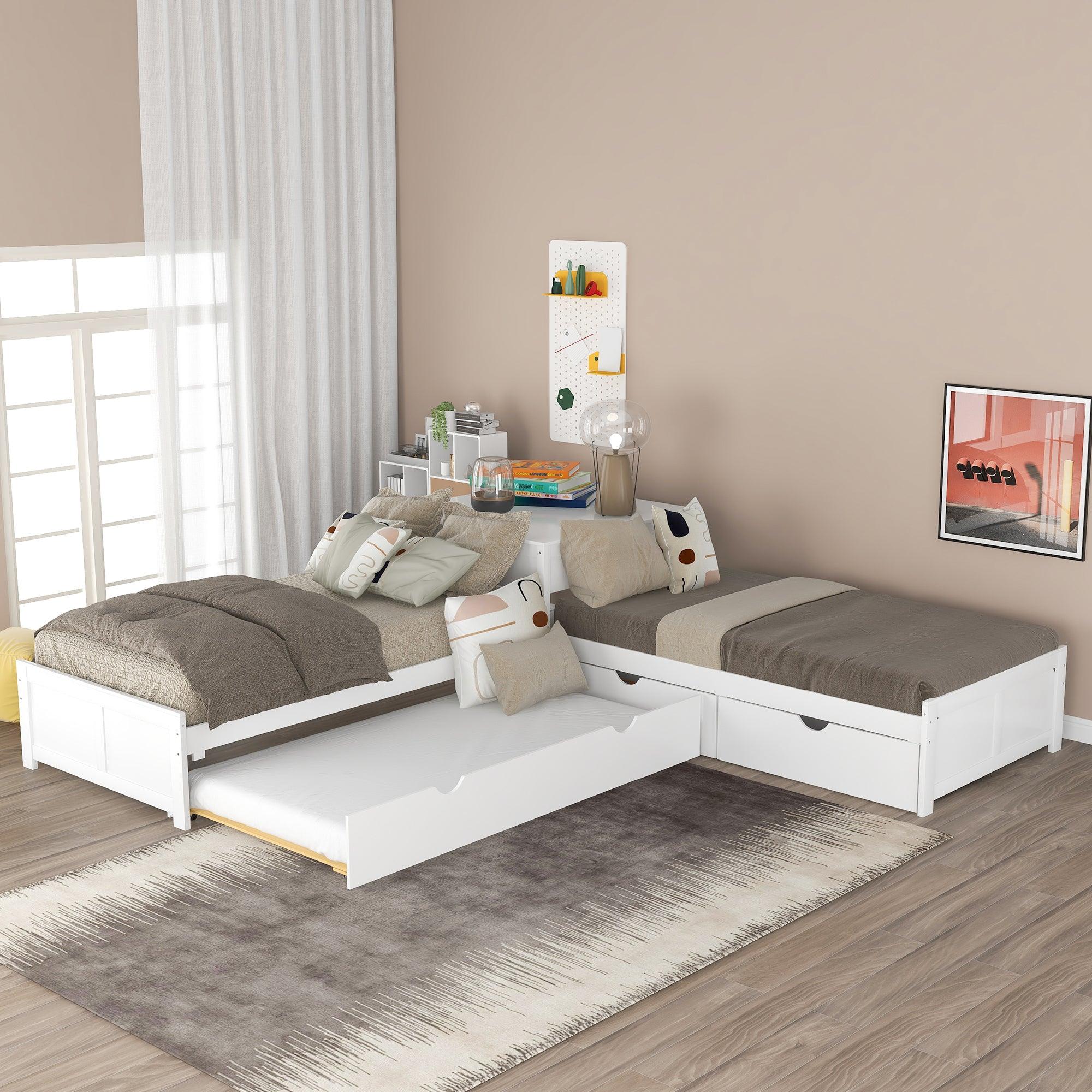 L-shaped Platform Bed with Trundle and Drawers