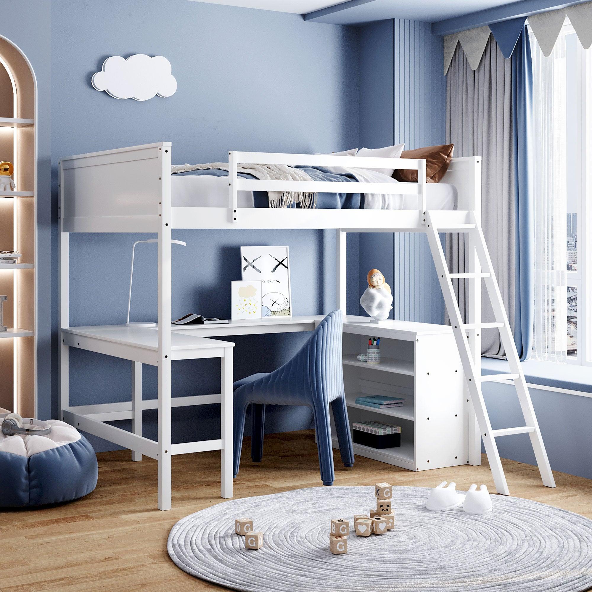 Full size Loft Bed with Shelves and Desk