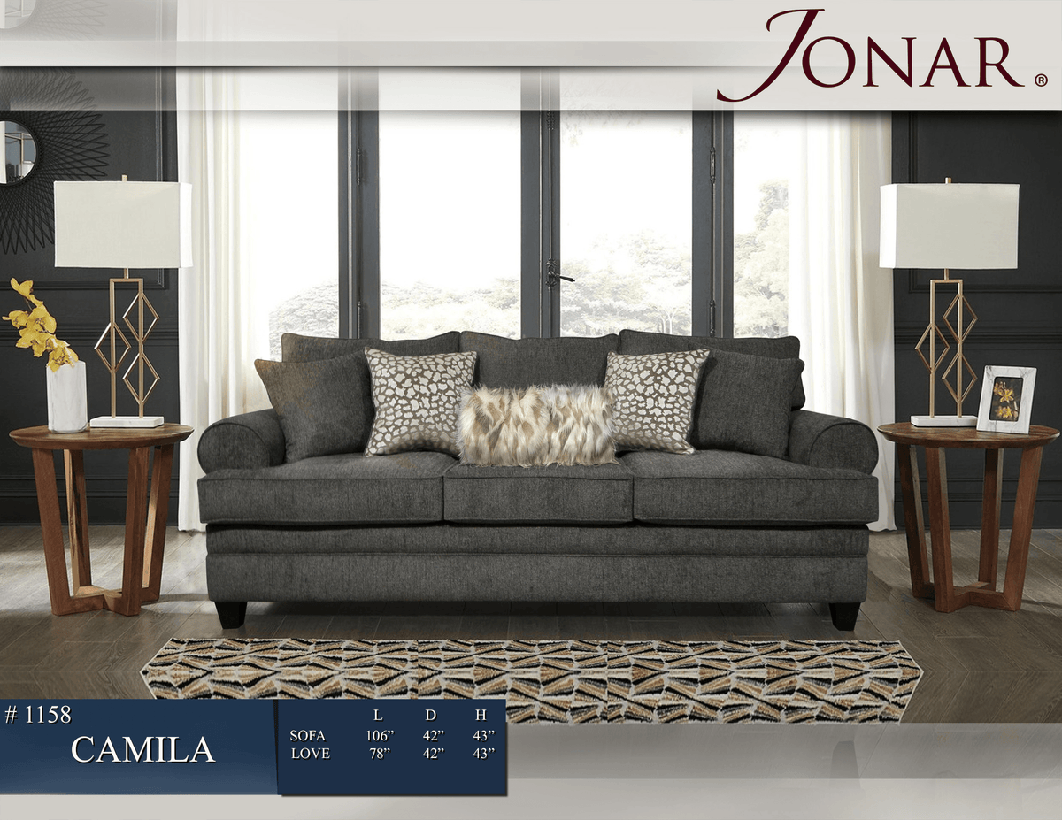 Camilla collection seating in charcoal upholstery
