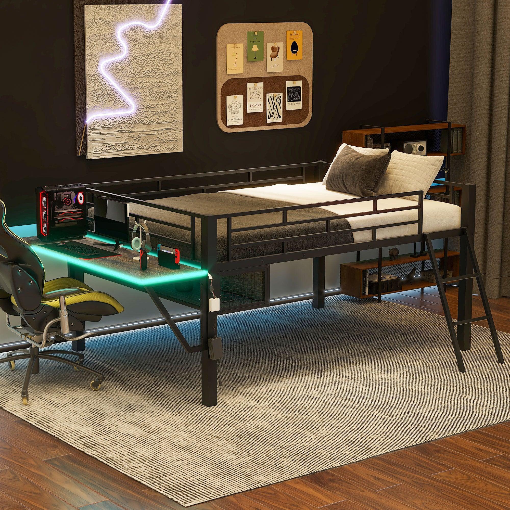 Full Size Black Gaming Loft Bed with Desk, LED