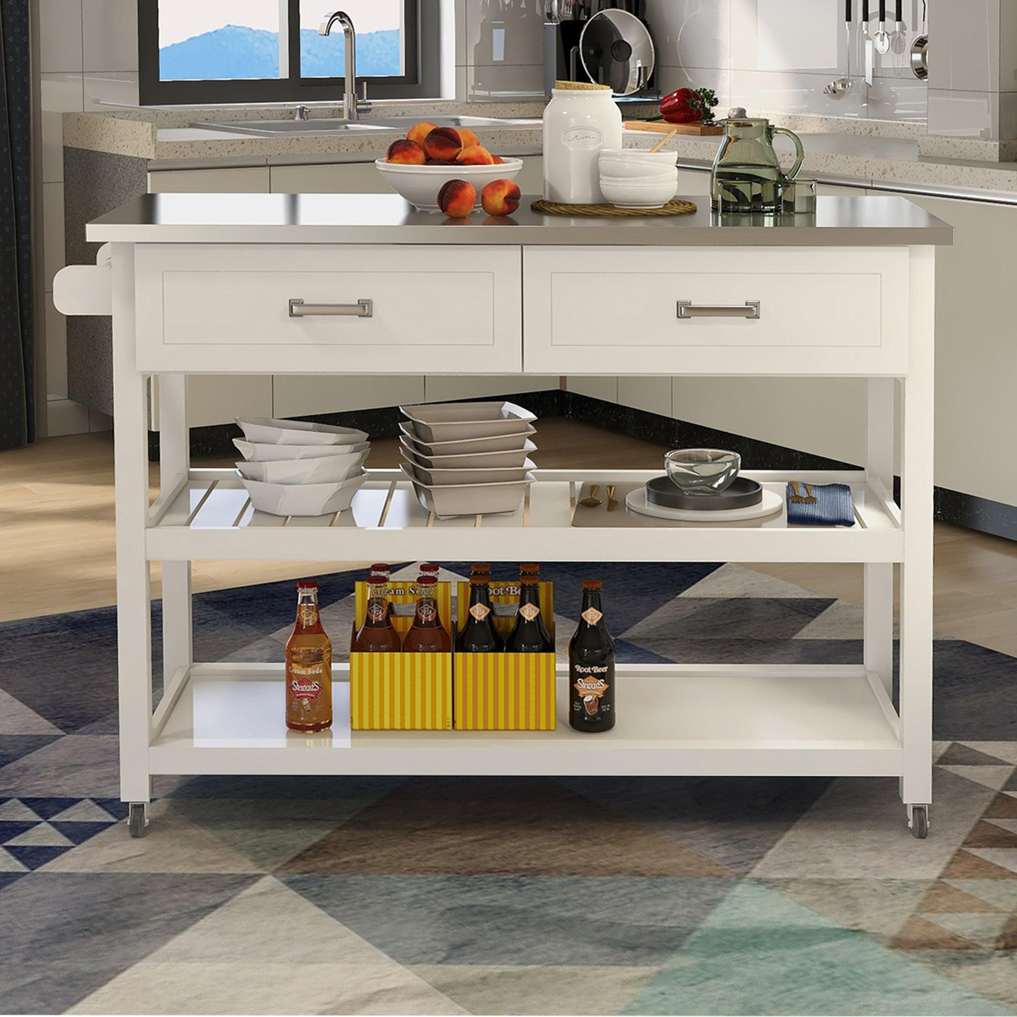Stainless Steel Table Top White Kitchen Cart With Two Drawers