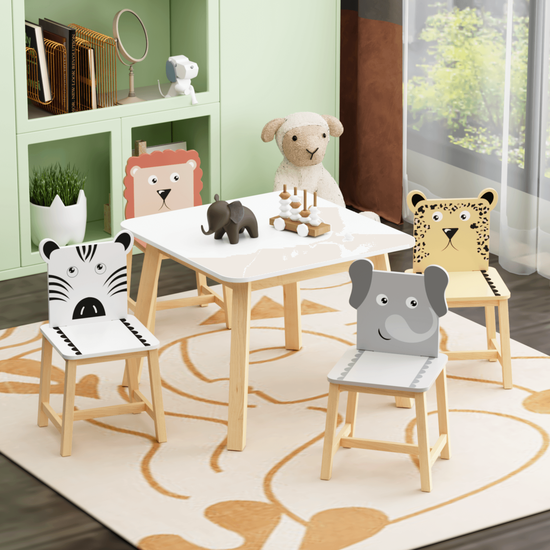 5-Piece Kids Wood Table & Chair Set with Cartoon Animals (3-8 Years Old)