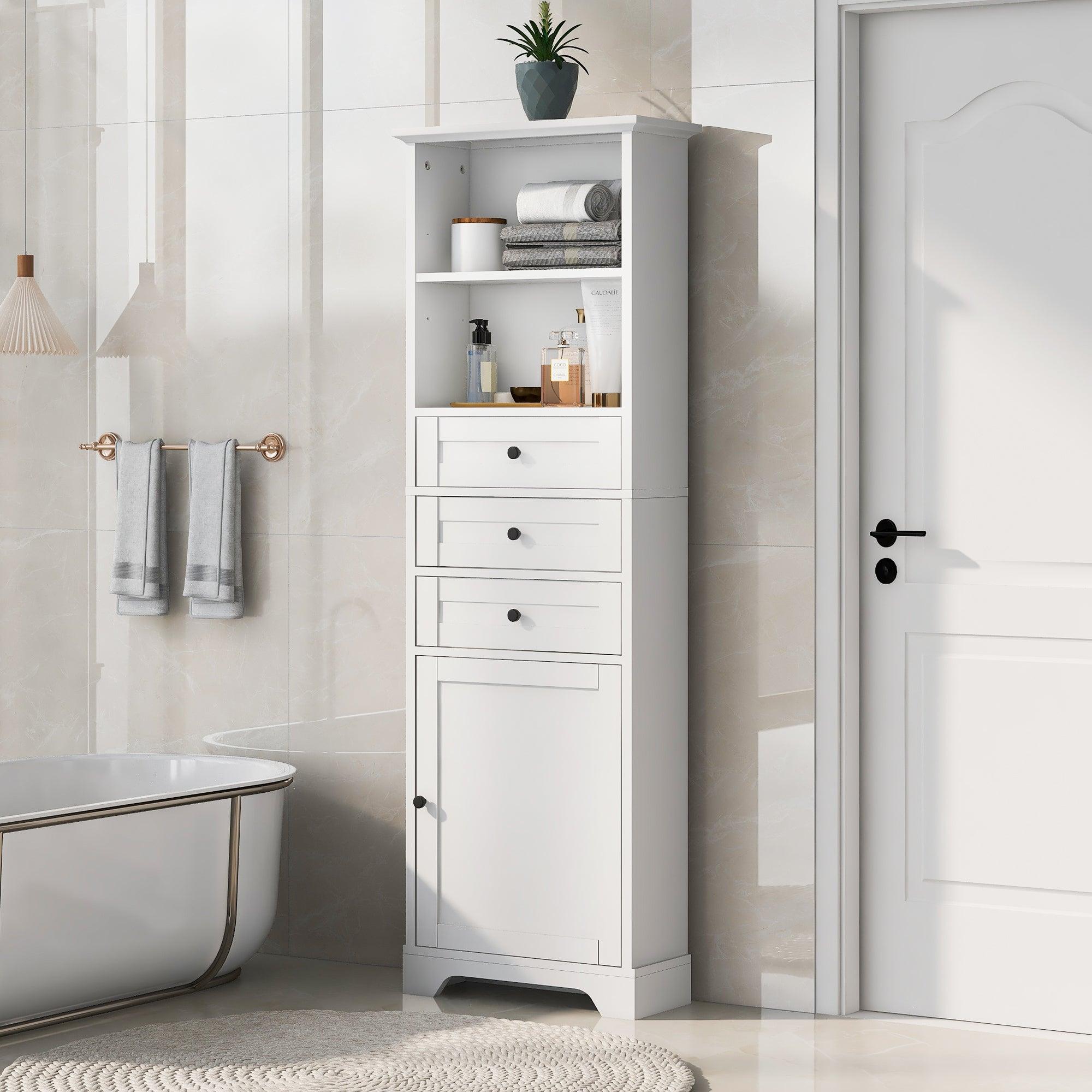 White Tall Storage Cabinet with 3 Drawers and Adjustable Shelves for Bathroom