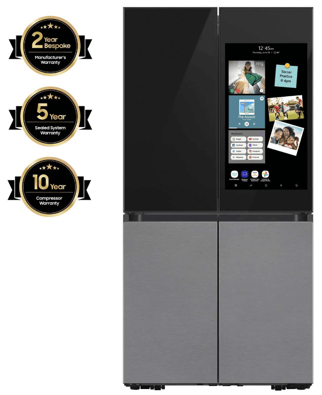 Bespoke 36 in. 29 cu. ft. 4-Door Flex Refrigerator with Family Hub+ in Charcoal Glass and Stainless Steel Panels - Castle Furniture