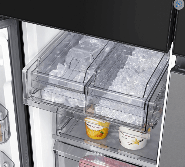 Bespoke 36 in. 29 cu. ft. 4-Door Flex Refrigerator with Family Hub+ in Charcoal Glass and Stainless Steel Panels - Castle Furniture