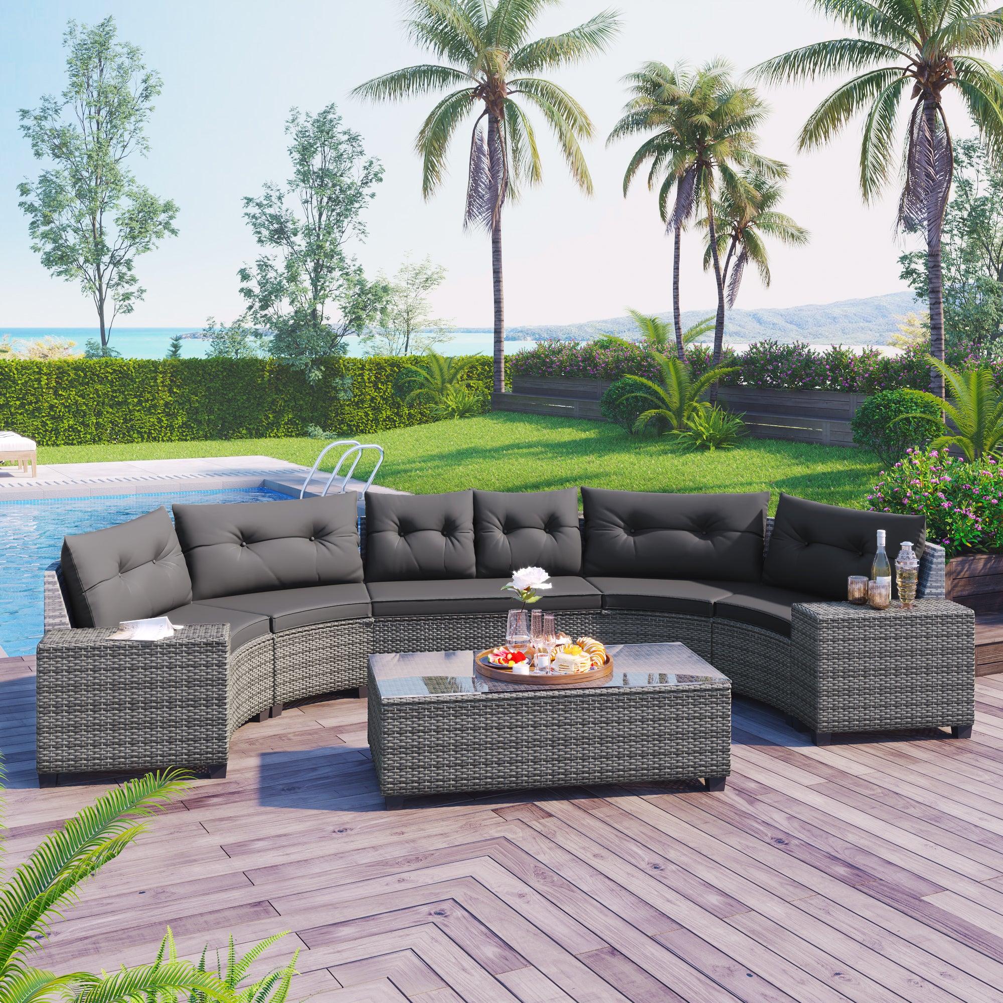 8-pieces Outdoor Wicker Half-Moon Sectional Sets