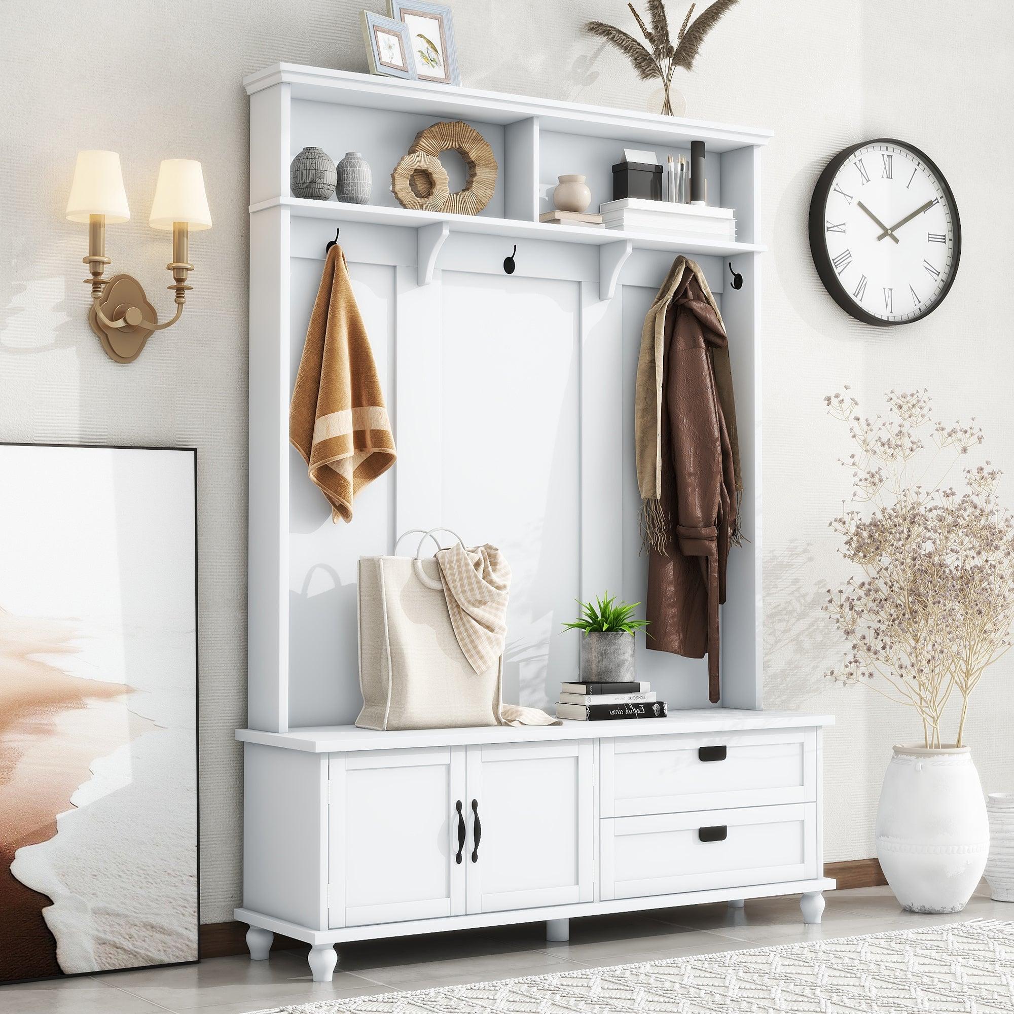 Modern Style Hall Tree with Storage Cabinet and 2 Large Drawers
