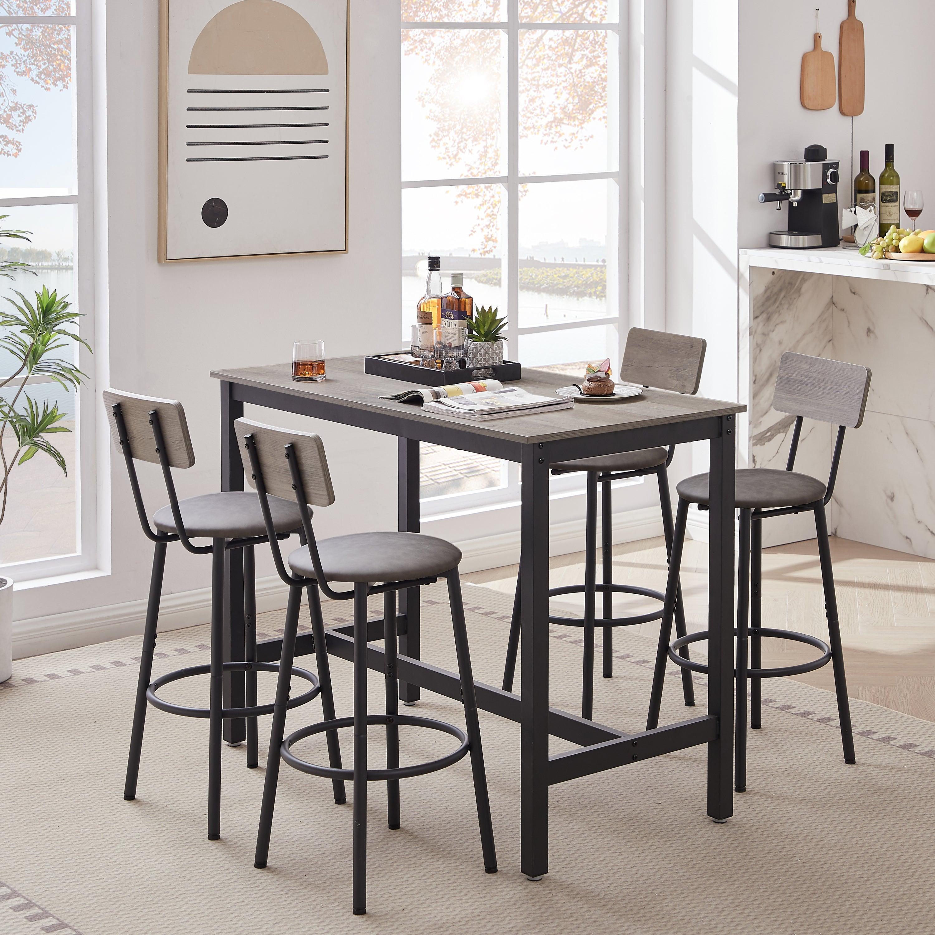 Bar Table Set with 4 Stools, PU Soft Seat, Grey