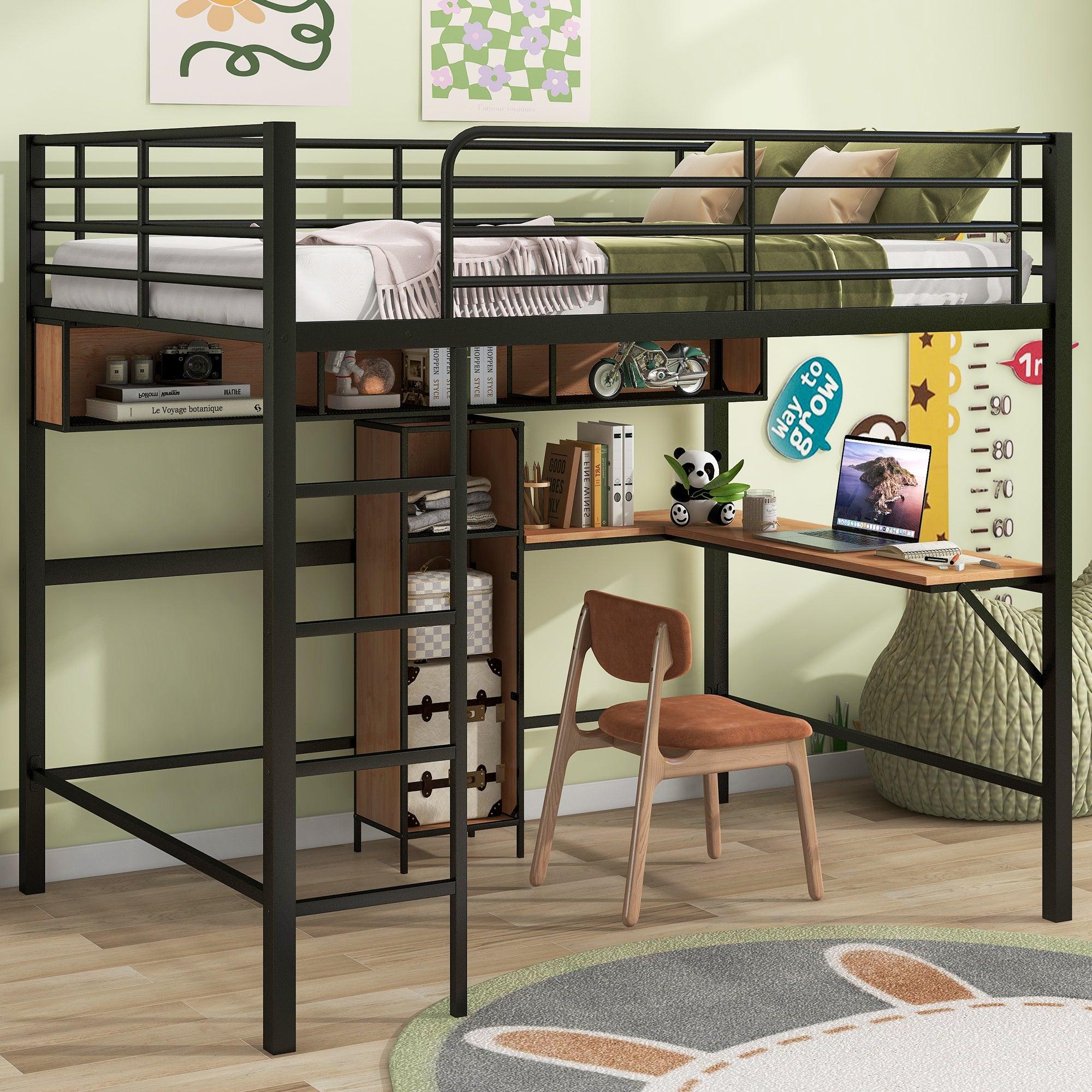 Full Size Loft Bed with L -shaped desk