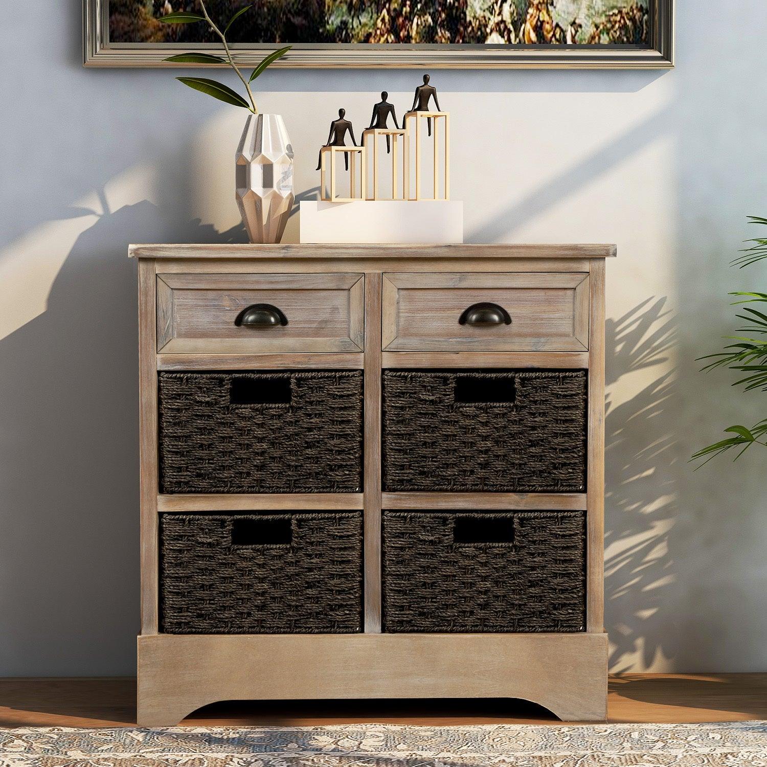 TREXM Rustic Storage Cabinet with Two Drawers and Four Classic Rattan Basket