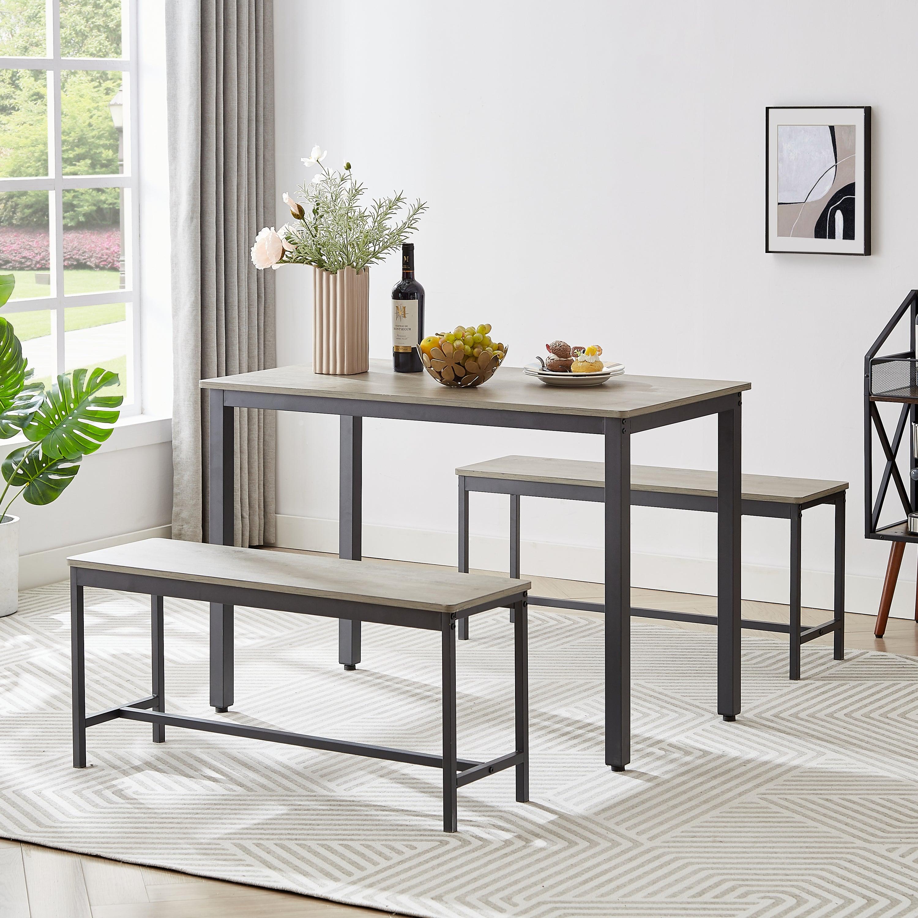 Industrial Dining Set with 2 Benches, 43.3" Bar Table (Grey & Black)