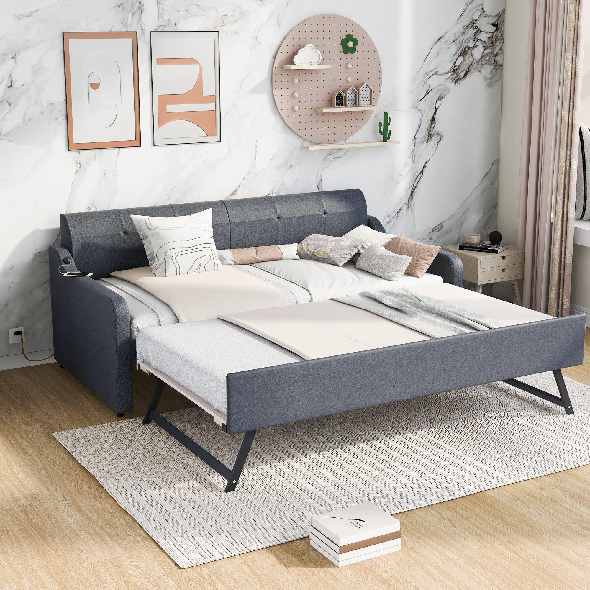 Twin Size Upholstery DayBed with Trundle, USB Charging Design