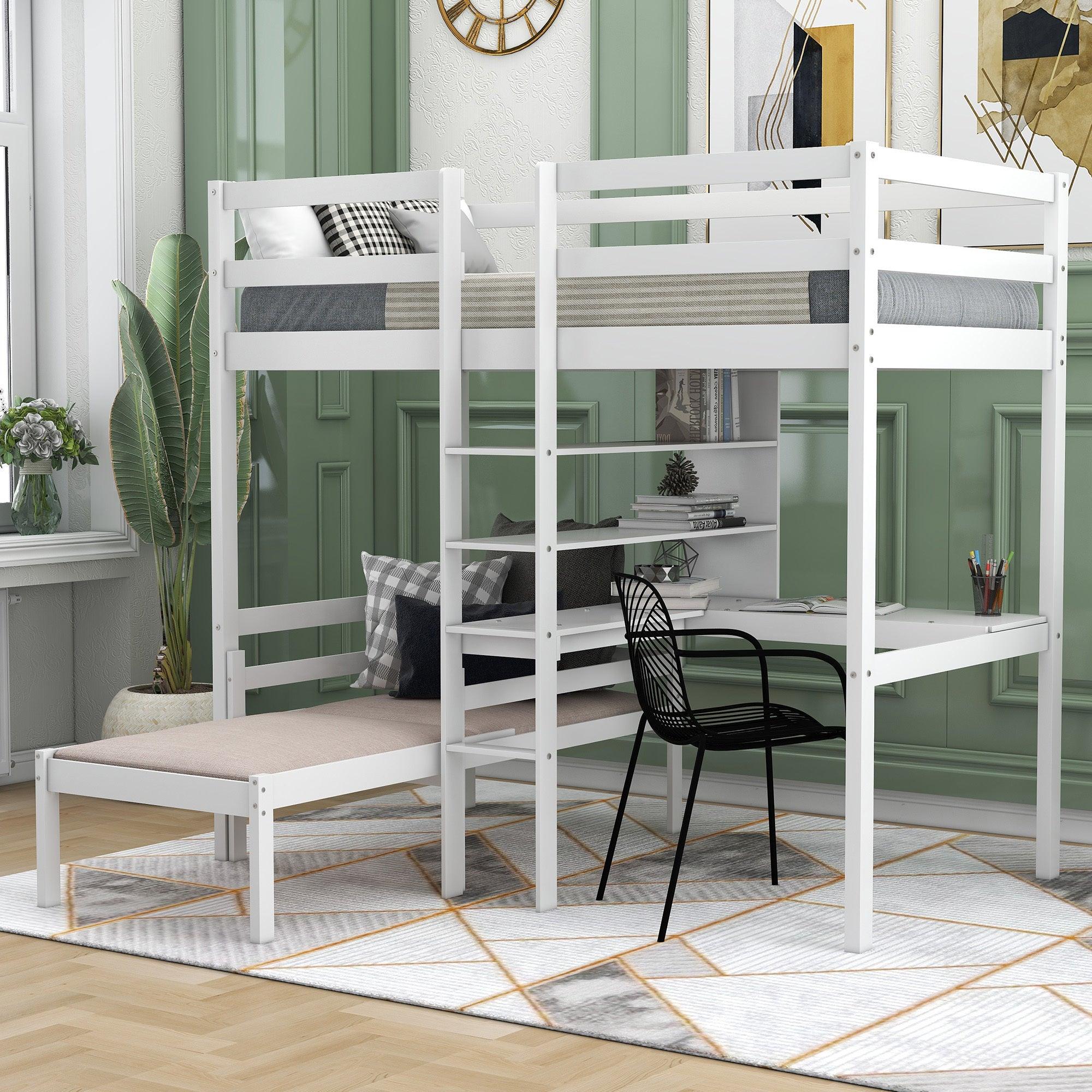 Twin Size Loft Bed with L-Shape Desk, Ladder