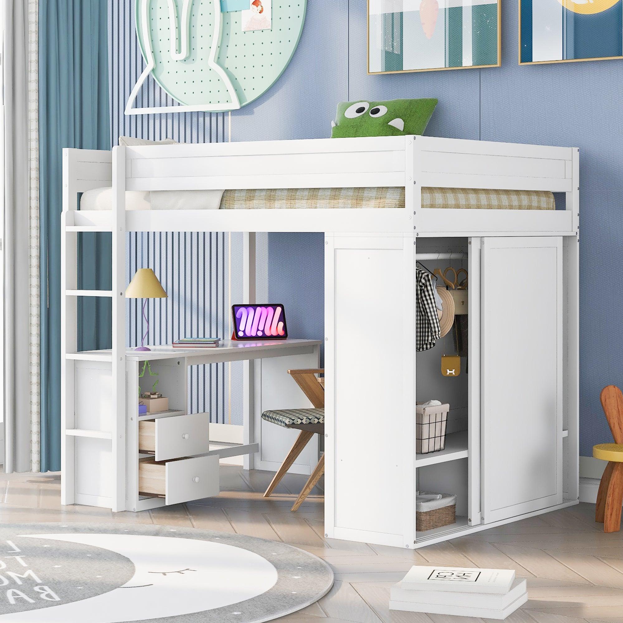 Wood Full Size Loft Bed with Wardrobes and 2-Drawer Desk with Cabinet