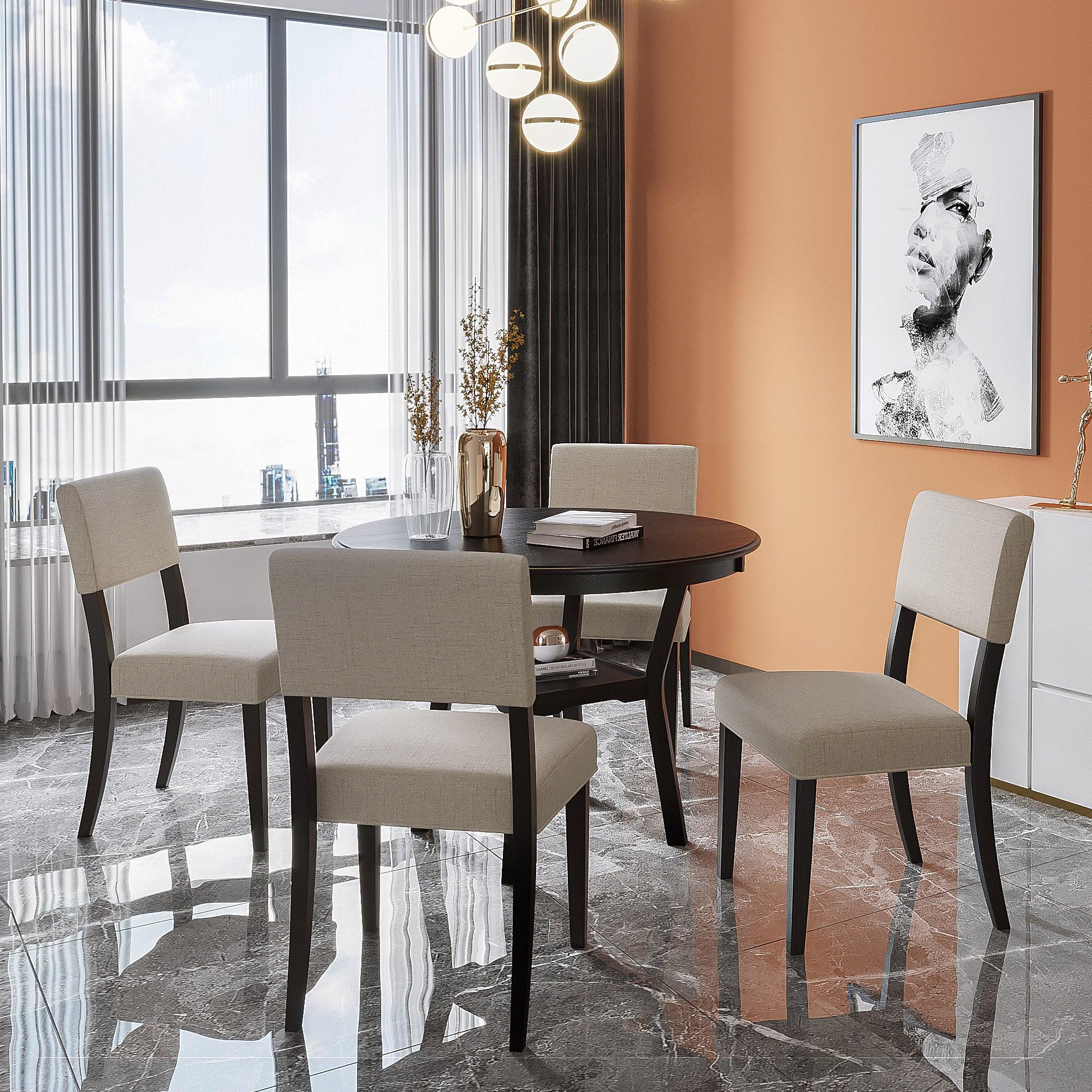 Trexm 5-Piece Round Dining Set with Bottom Shelf & 4 Chairs (Espresso)