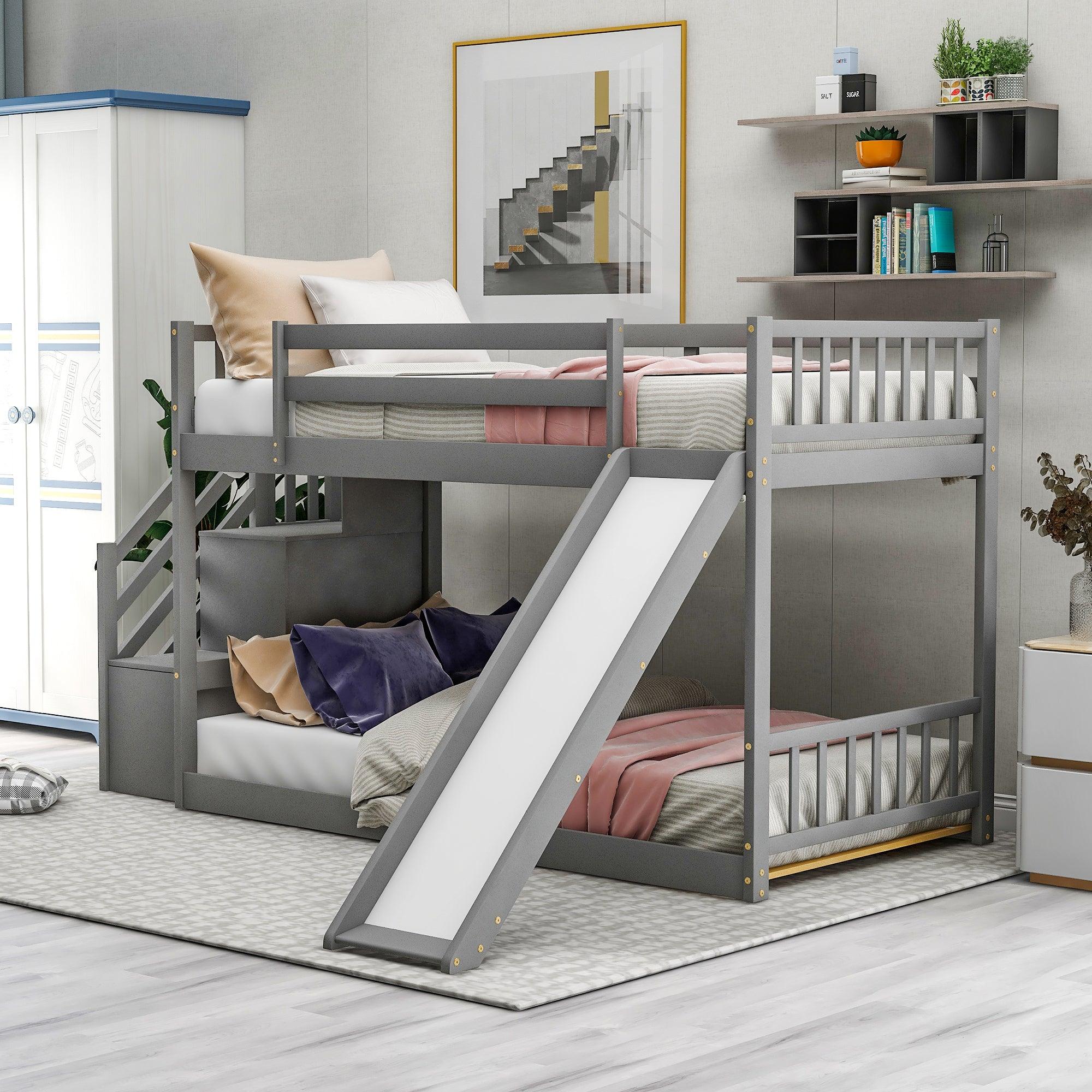 Twin Bunk Bed with Convertible Slide and Stairway