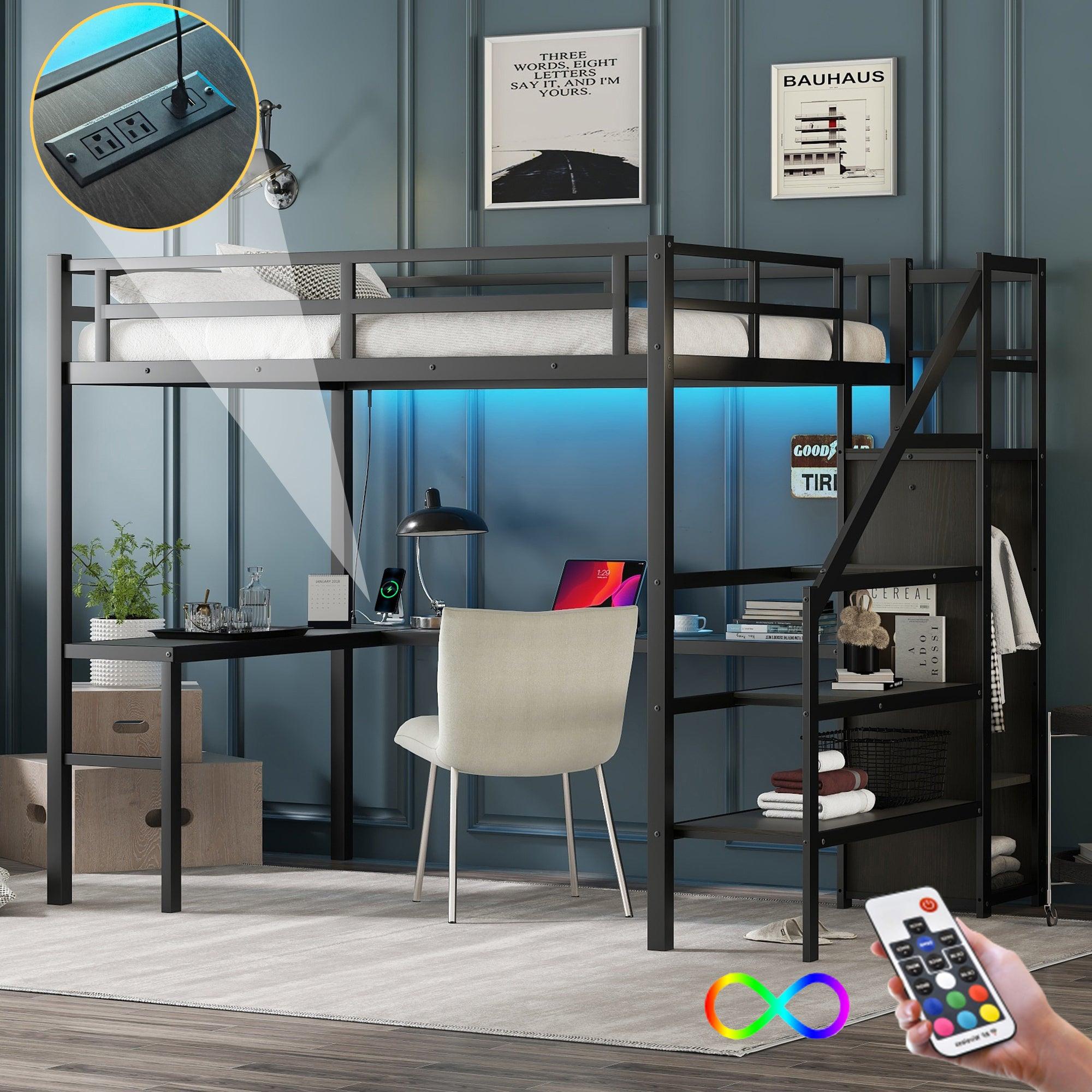 Full Size Loft Bed with L-shaped Desk