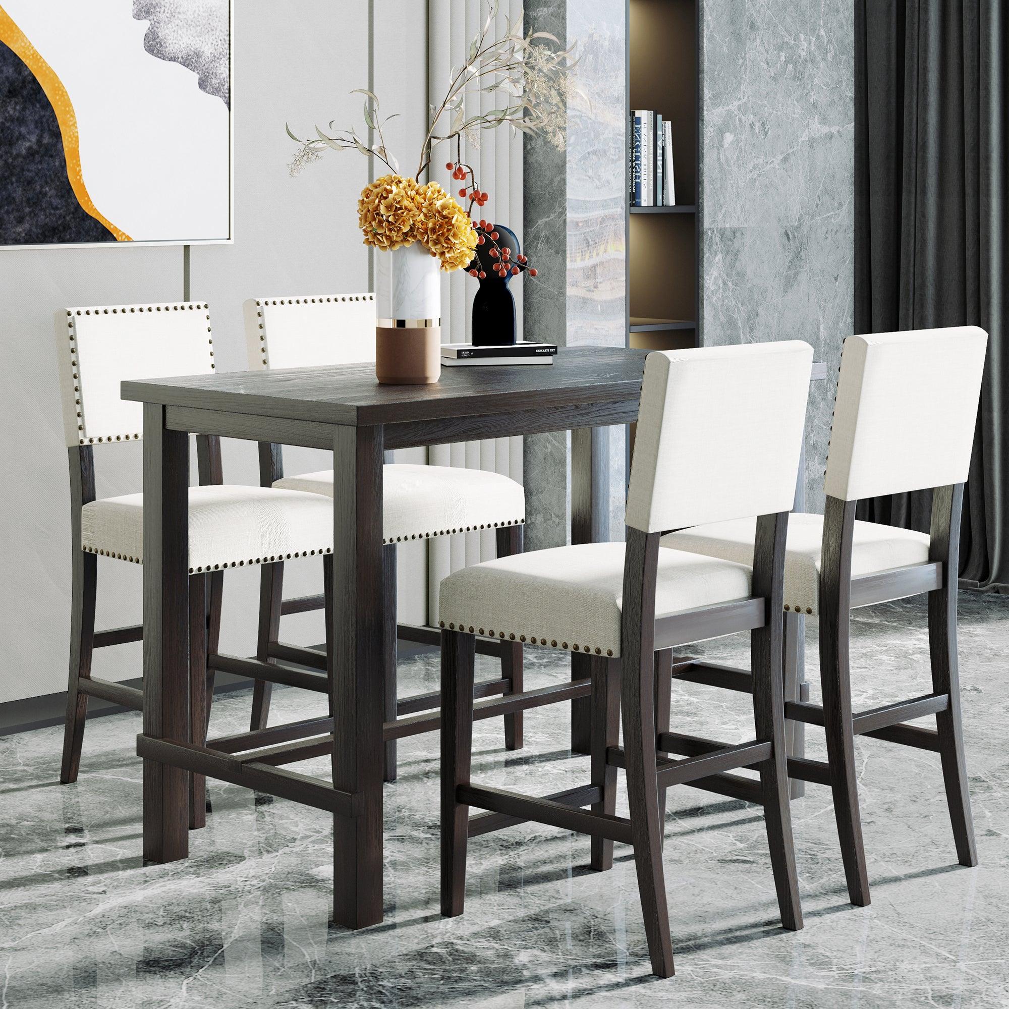 Trexm 5-Piece Counter Height Dining Set, Table & 4 Chairs (Espresso/Beige)