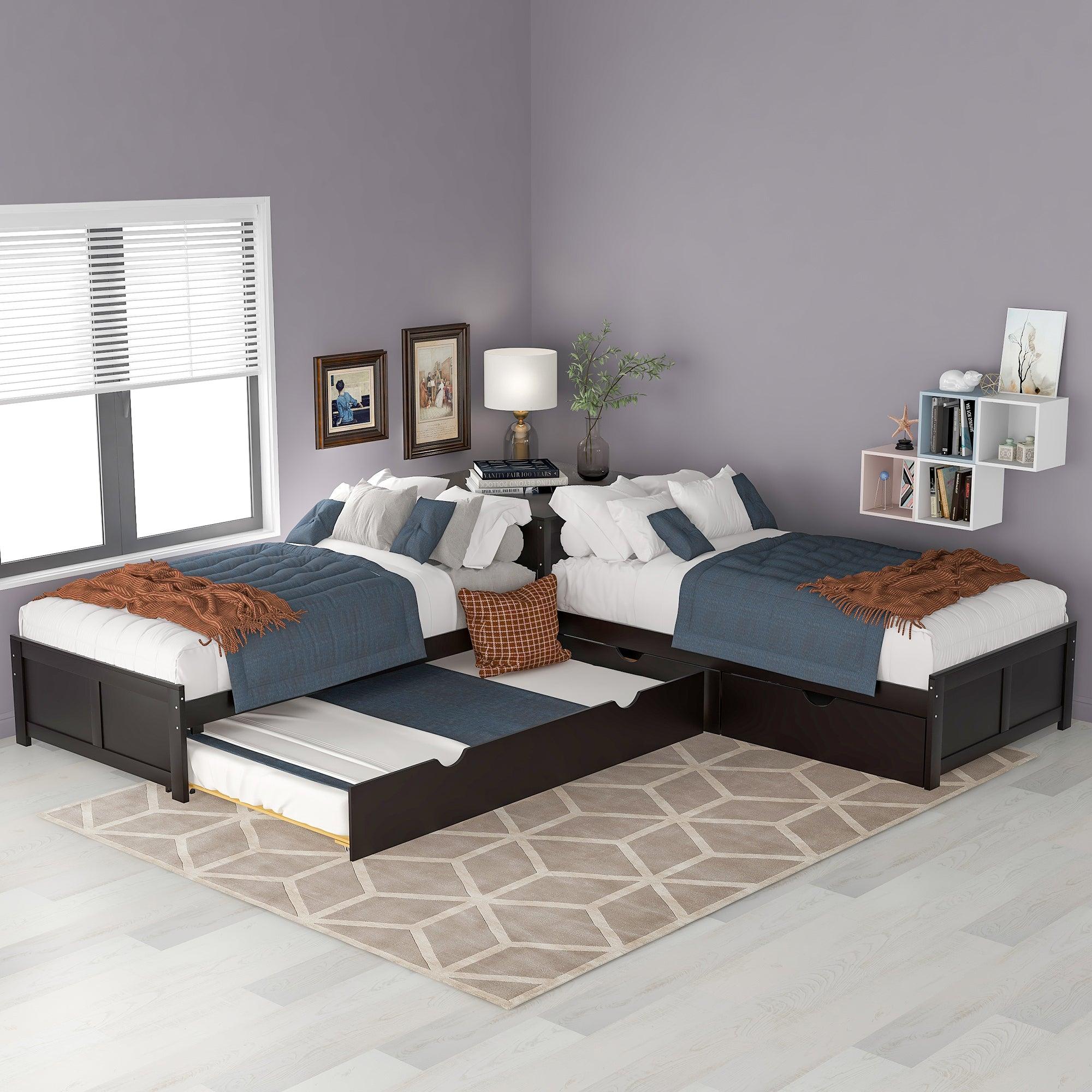 L-shaped Platform Twin Bed with Trundle, Drawers