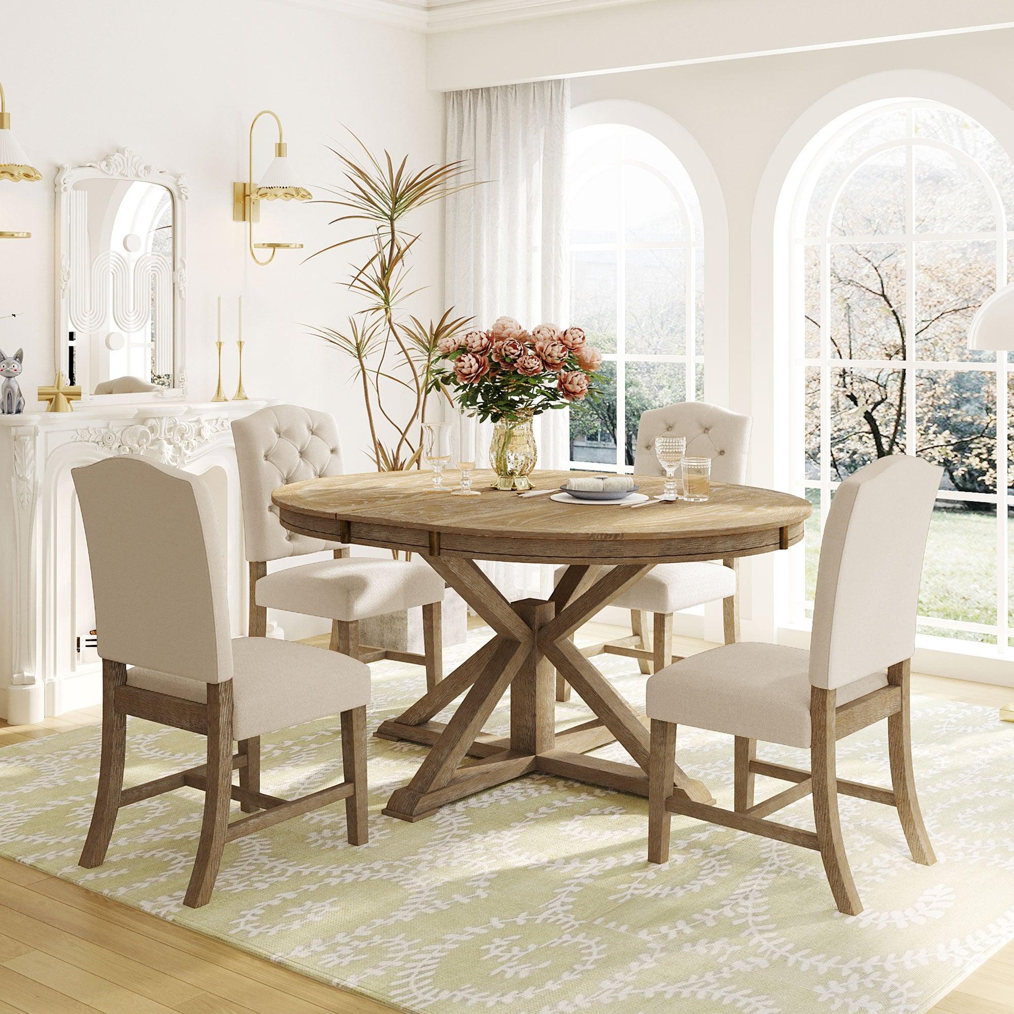 Trexm Retro Extendable Dining Set with 4 Chairs – Natural Wood