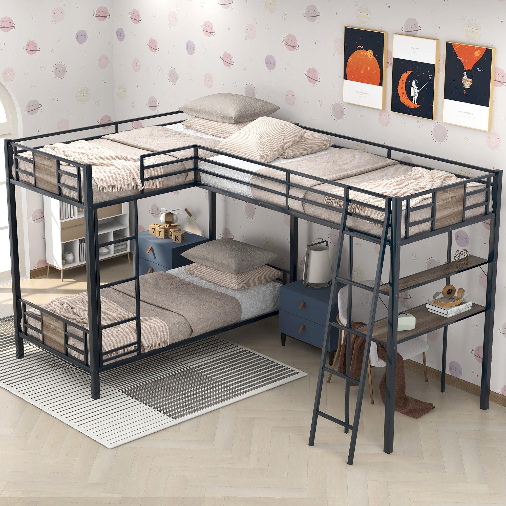 L-Shaped Twin Bunk Bed with Loft and Desk